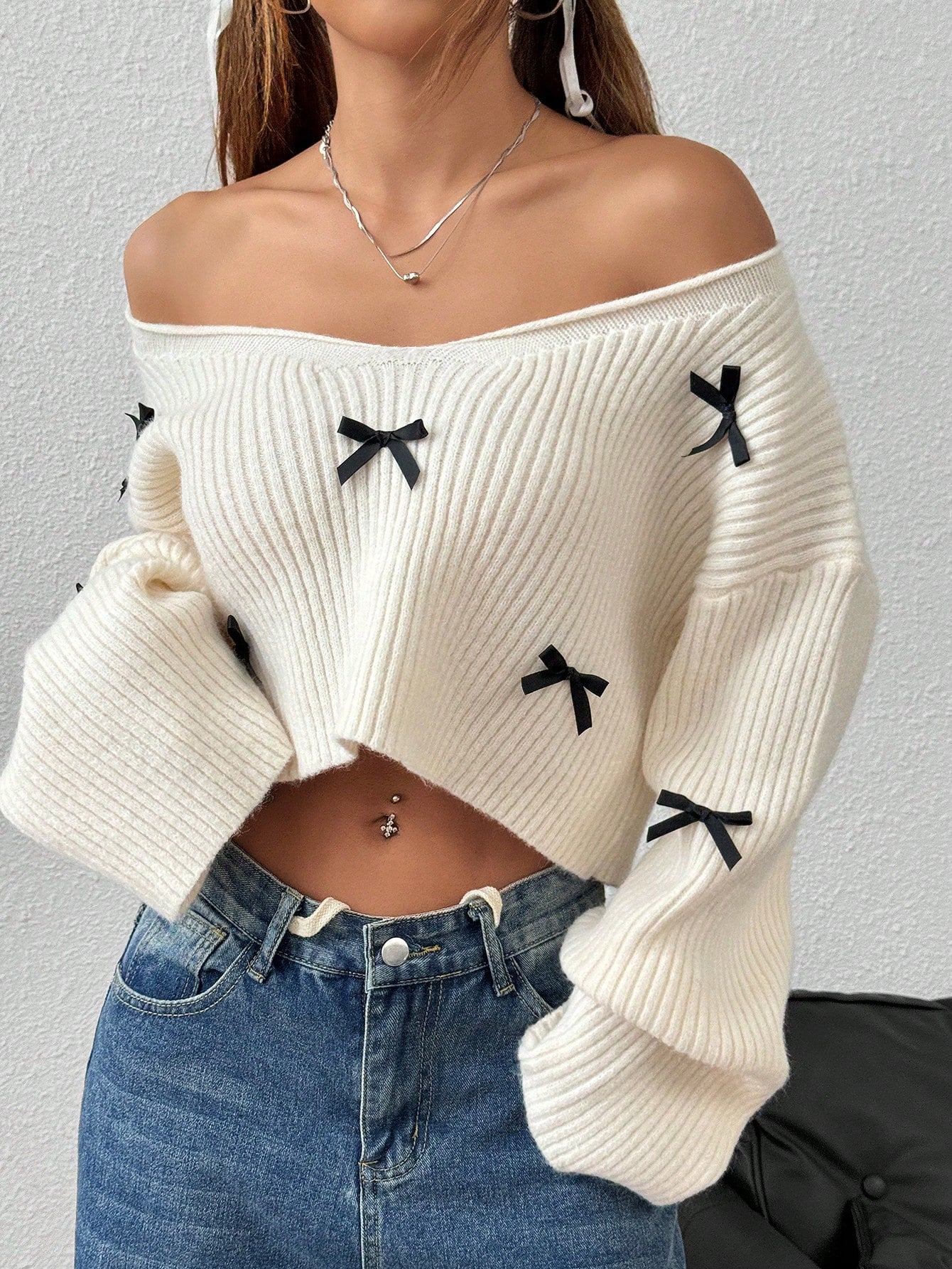 Flirla V-Neck Loose Casual 3D Bow Sweater,Three Quarter Sleeve Tops Knit Pullover Fall Winter Outfit