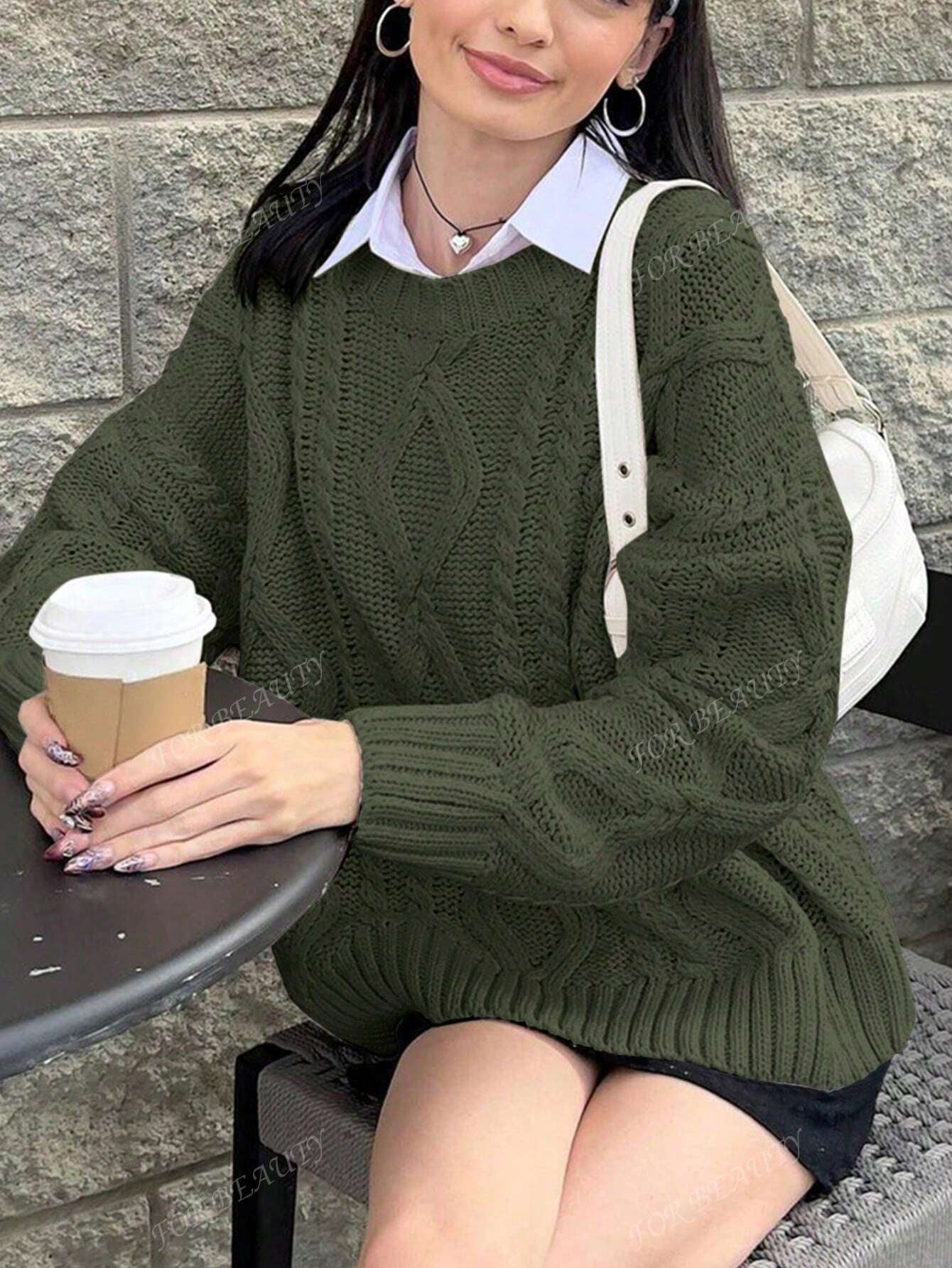 FOR BEAUTY Autumn and Winter New round Neck Twisted Flower Long Sleeve Knitted Sweater Tops Women Loose Moss Green Simple Fashion Commuting Style Women'S Sweater Moss Green Long Sleeve Casual Lazy Style Warm Top