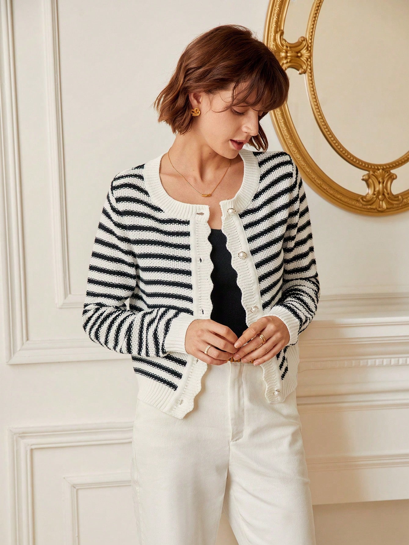PoéSelle Striped Pattern Scallop Trim Button Front Cardigan,Long Sleeve Tops,Knitted Sweater in Fall/Winter