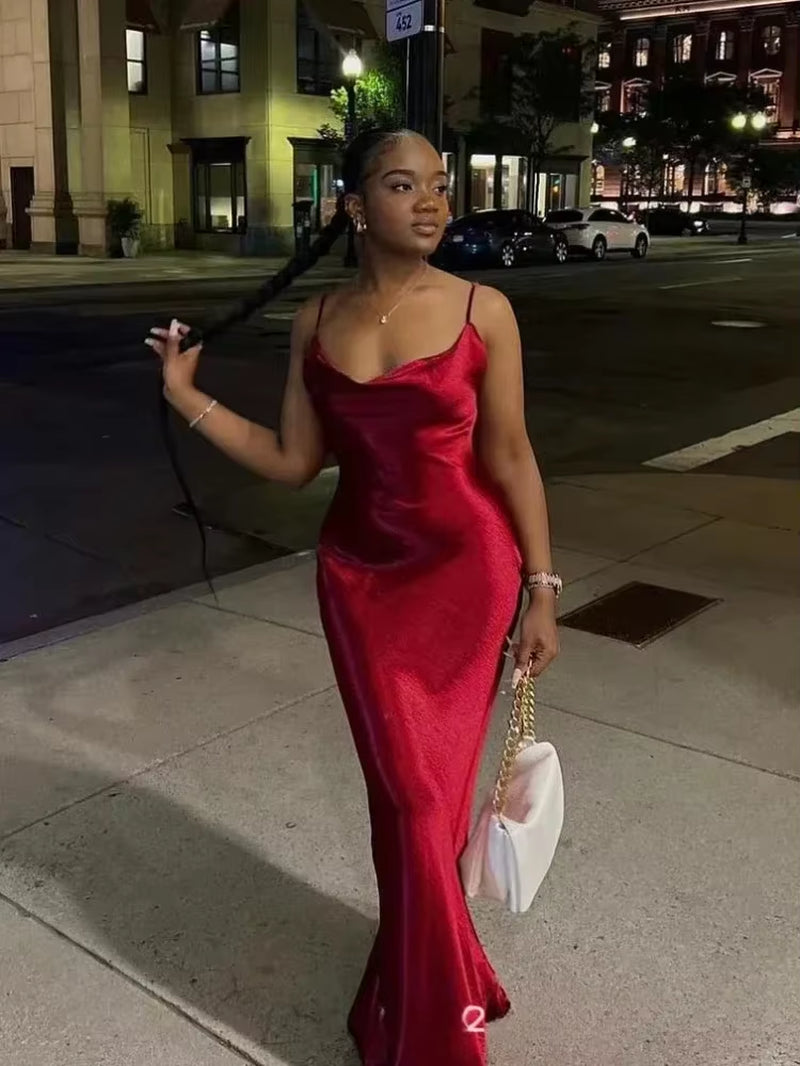 Elegant Satin Backless Maxi Dress for Women Gown Summer Spaghetti Strap Sleeveless Party Long Dress Vestido Robe Femmes