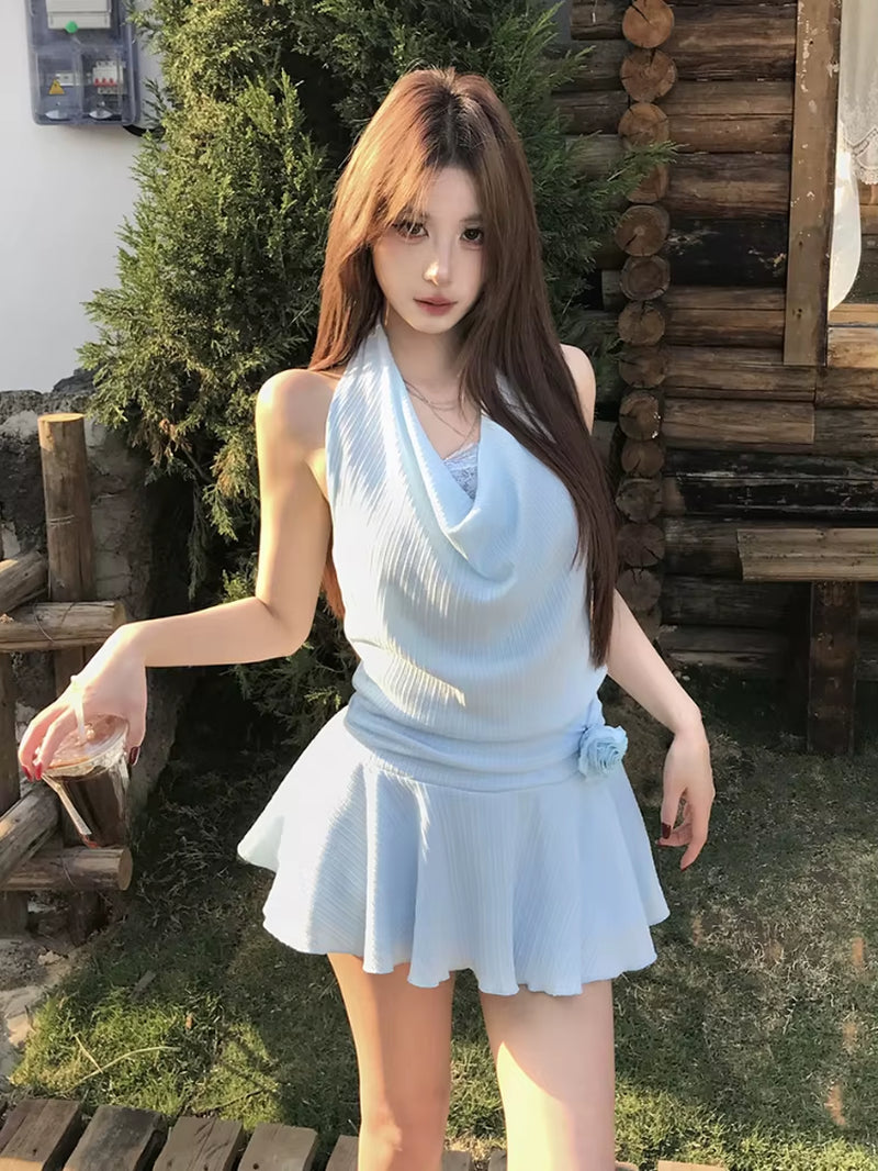 Elegant Satin 2 Piece Skirt Set Women Summer Sleeveless Y2K Crop Tops + Mini Skirt Female Even Party Black Dress Korean Vintage