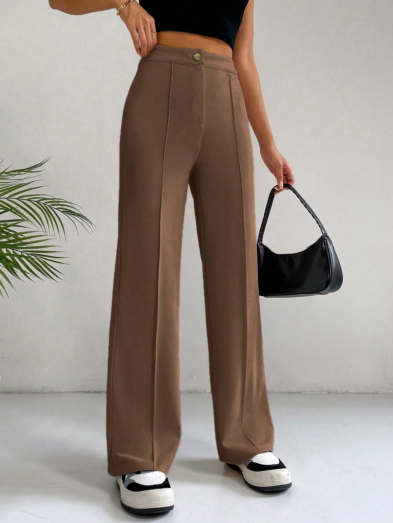 Ezwear Spring Brown Y2K High Waist Seam Detail Straight Leg Pants Flare Leggings