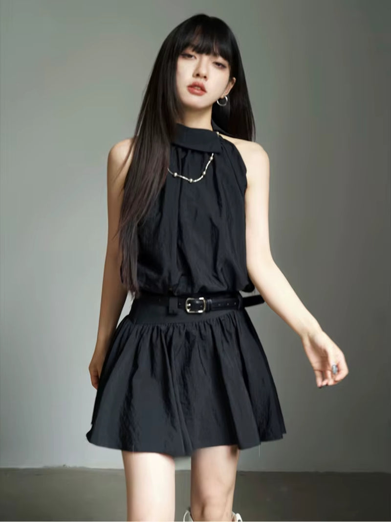 Elegant Satin 2 Piece Skirt Set Women Summer Sleeveless Y2K Crop Tops + Mini Skirt Female Even Party Black Dress Korean Vintage