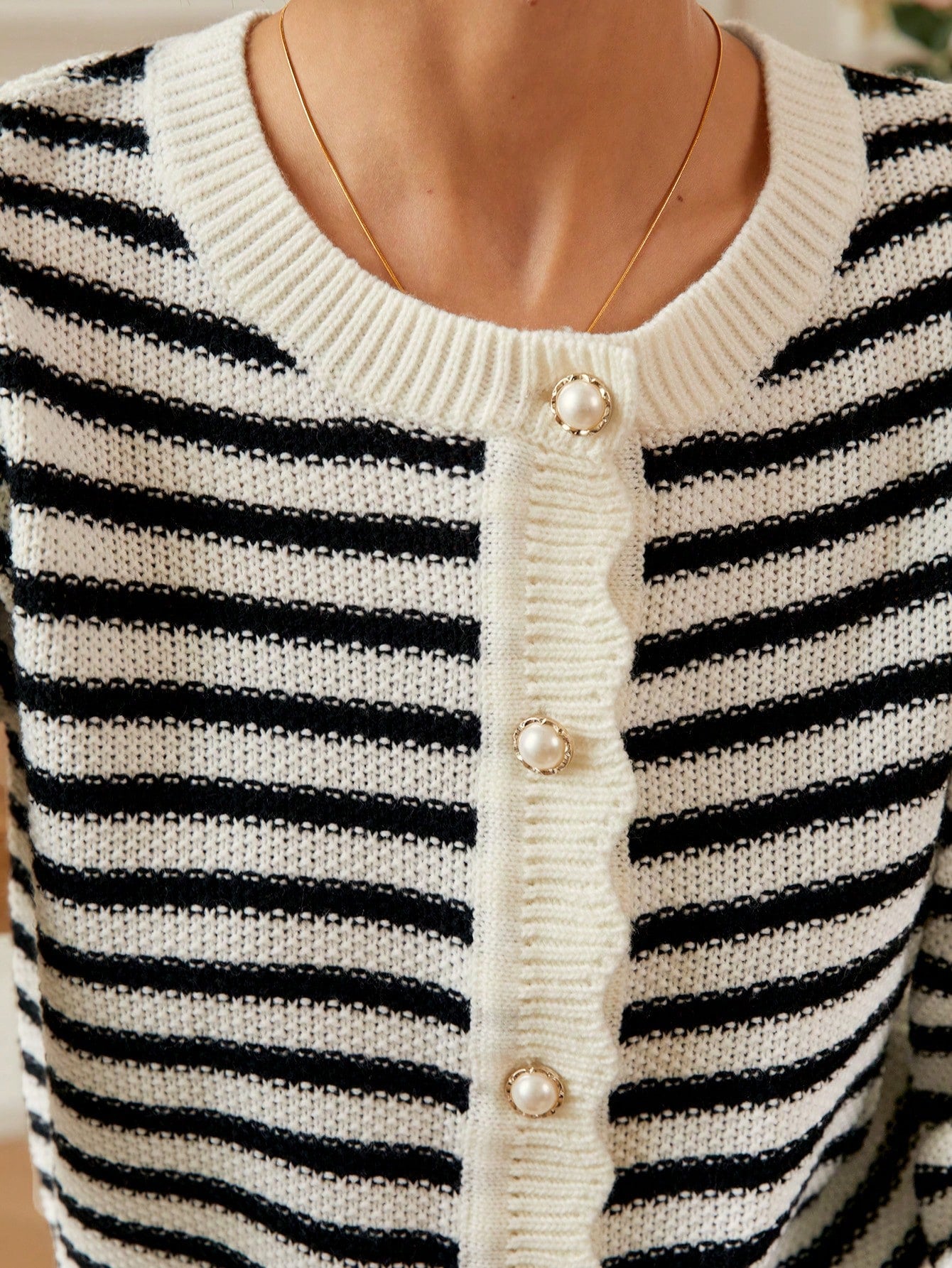 PoéSelle Striped Pattern Scallop Trim Button Front Cardigan,Long Sleeve Tops,Knitted Sweater in Fall/Winter