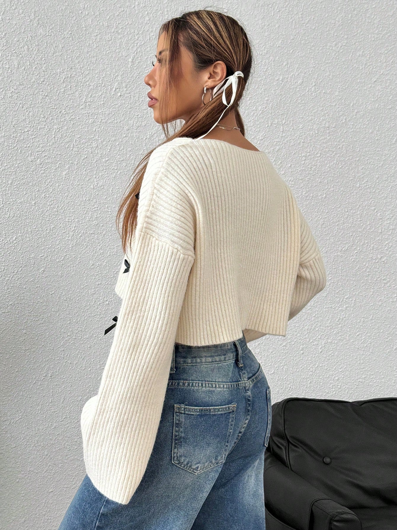 Flirla V-Neck Loose Casual 3D Bow Sweater,Three Quarter Sleeve Tops Knit Pullover Fall Winter Outfit