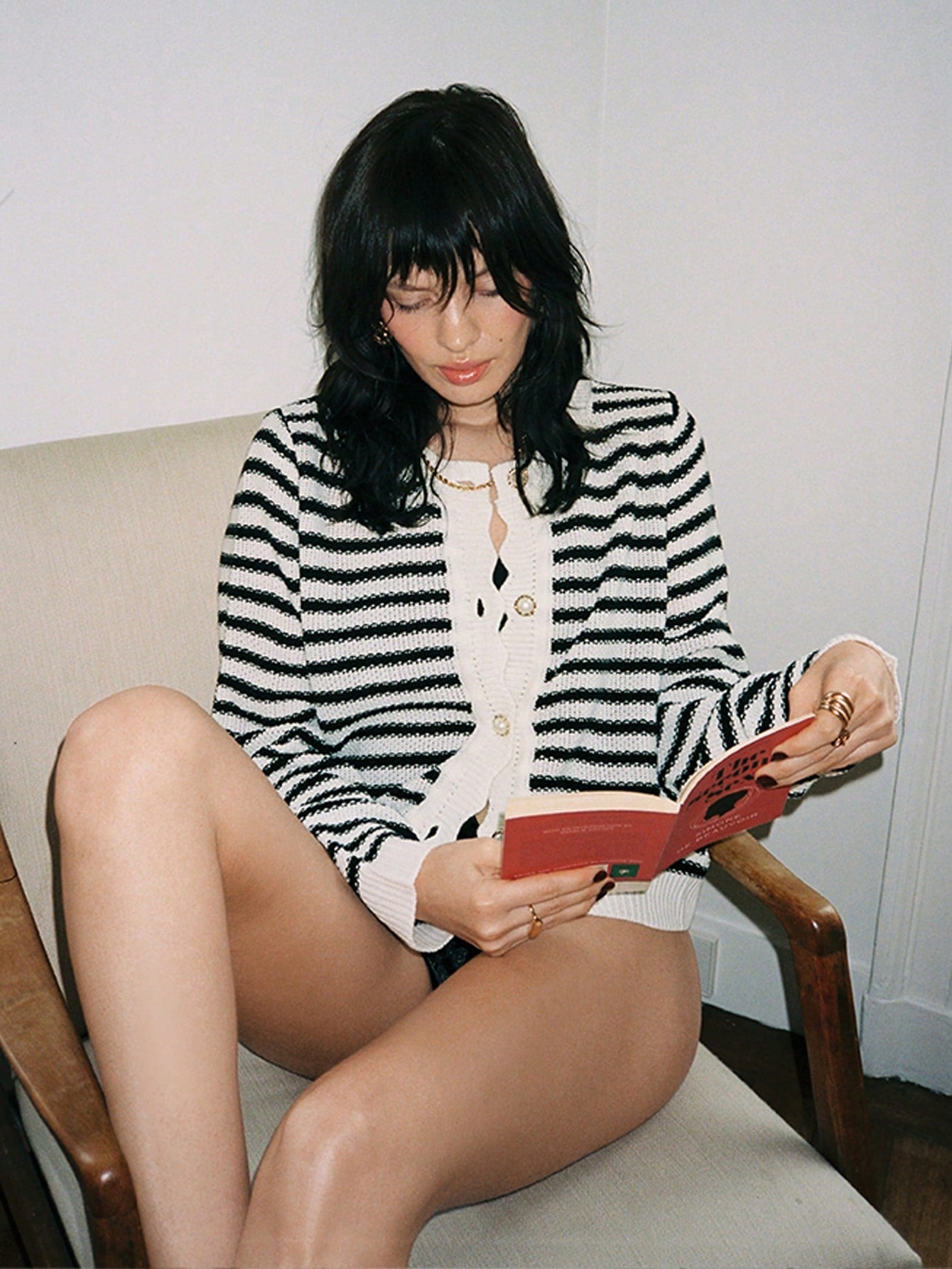 PoéSelle Striped Pattern Scallop Trim Button Front Cardigan,Long Sleeve Tops,Knitted Sweater in Fall/Winter