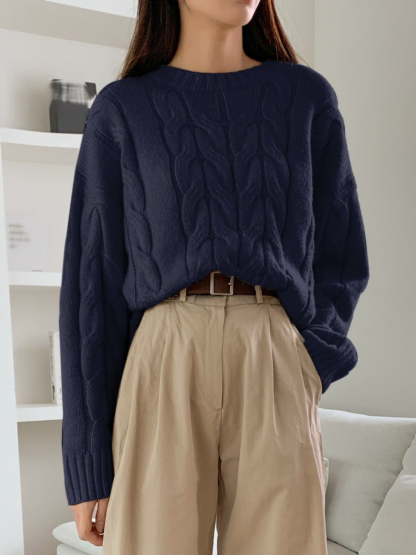 DAZY Solid Cable Knit Drop Shoulder Sweater,Long Sleeve Tops,Fall Clothes