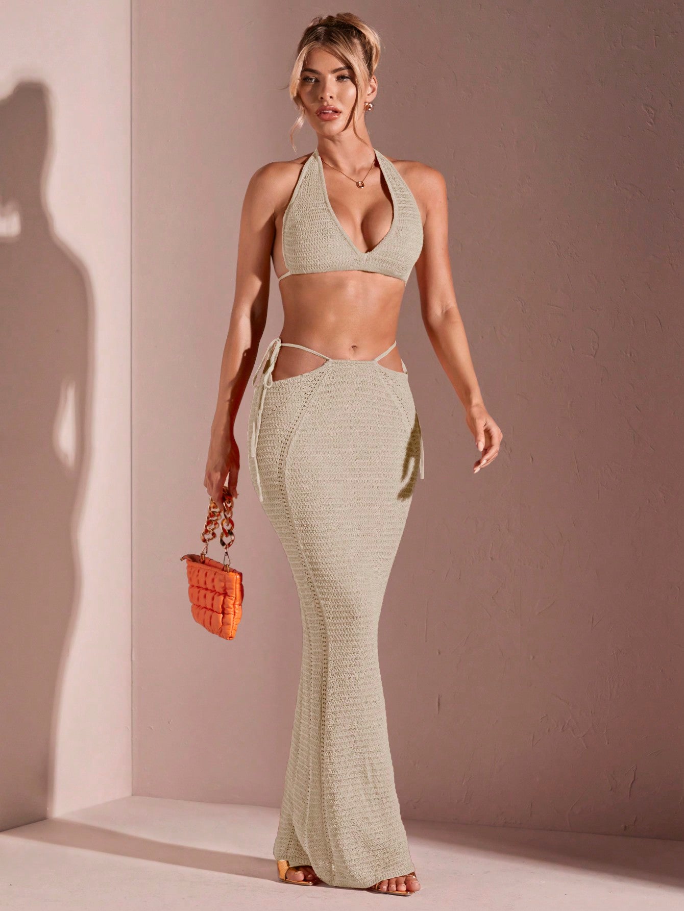 BAE Women'S Solid Color Crochet Stretch Slim Long Skirt Beach Skirt in Fall/Winter