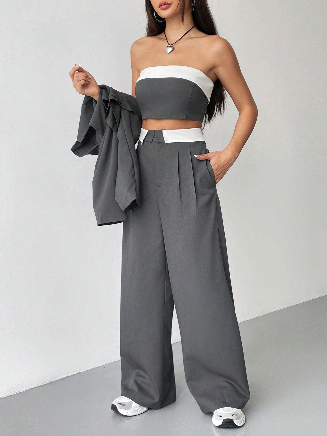 Ezwear Lapel Neck Crop Blazer & Wide Leg Suit Pants & Tube Top in Fall/Winter
