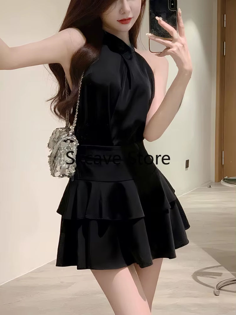 Elegant Satin 2 Piece Skirt Set Women Summer Sleeveless Y2K Crop Tops + Mini Skirt Female Even Party Black Dress Korean Vintage