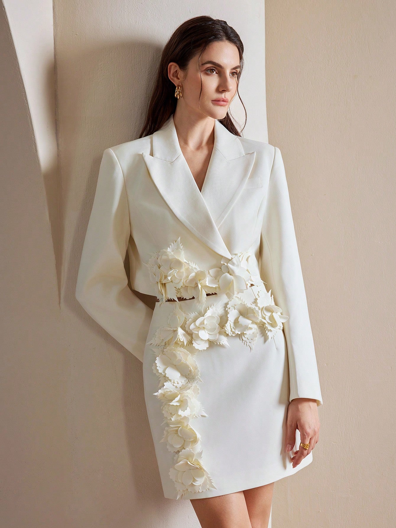 Anewsta Urban Elegant Suit Set with 3D Floral Mini Skirt & Jacket, Long Sleeve Elevated White Short Dress