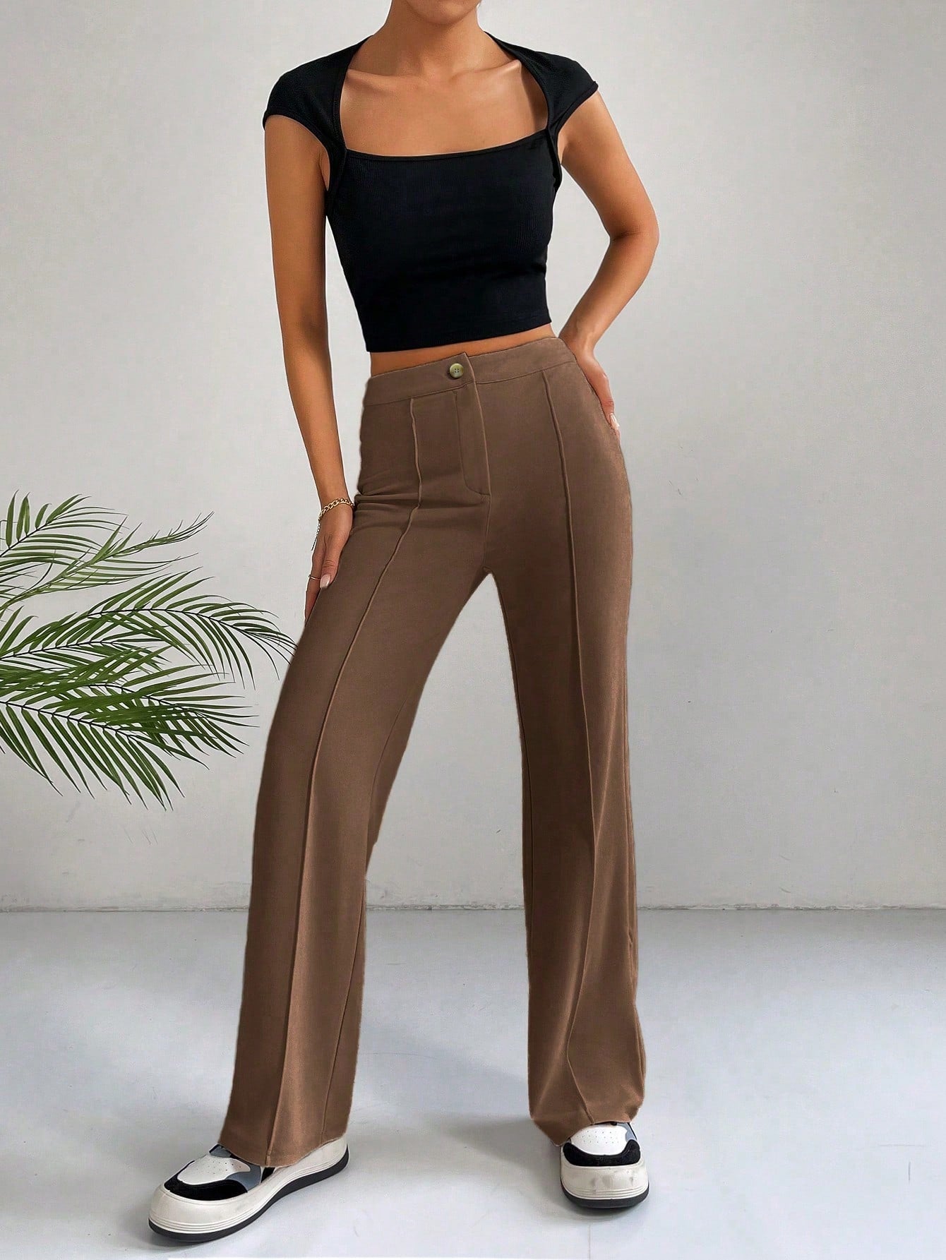 Ezwear Spring Brown Y2K High Waist Seam Detail Straight Leg Pants Flare Leggings