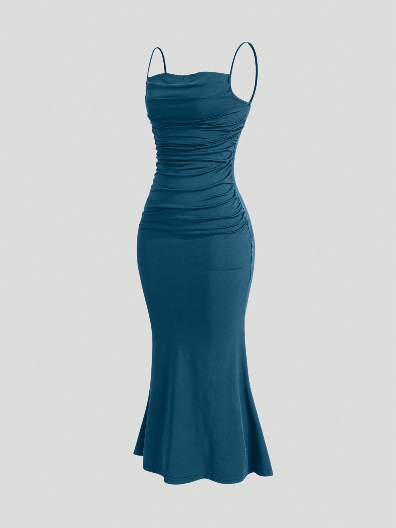 Sweetra Solid Ruched Mermaid Hem Cami Dress Maxi Women Outfit