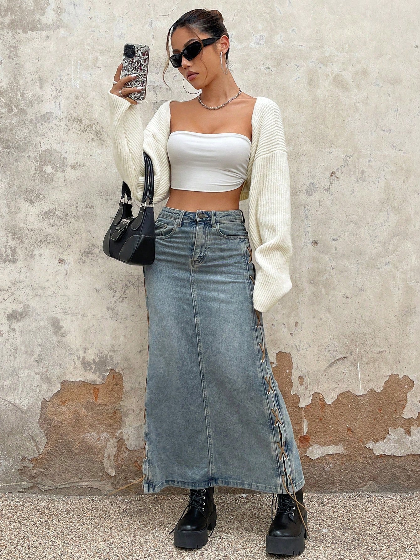 ICON Y2K Grunge Drop Shoulder Open Front Crop Cardigan without Tube Top in Fall/Winter