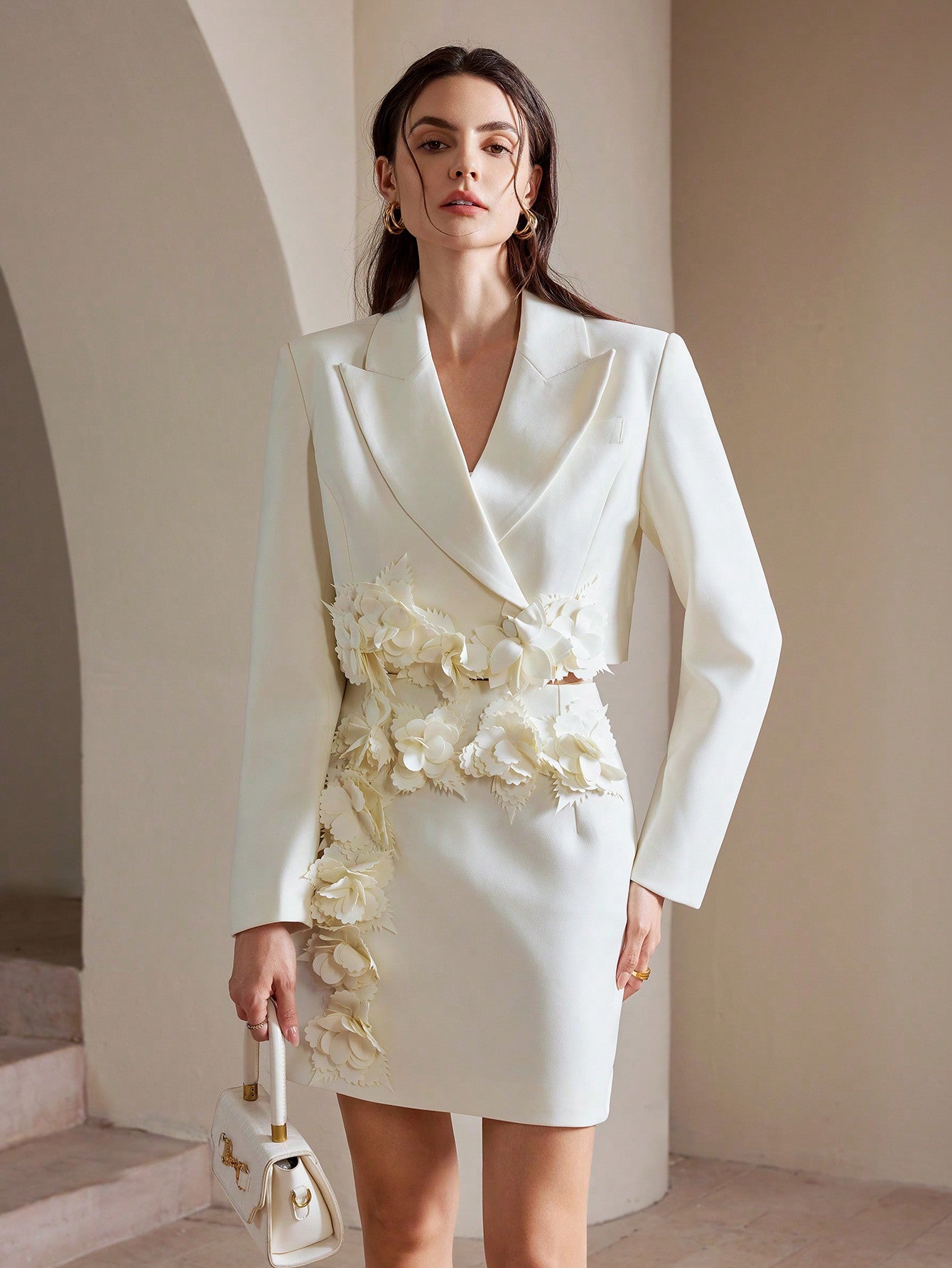 Anewsta Urban Elegant Suit Set with 3D Floral Mini Skirt & Jacket, Long Sleeve Elevated White Short Dress