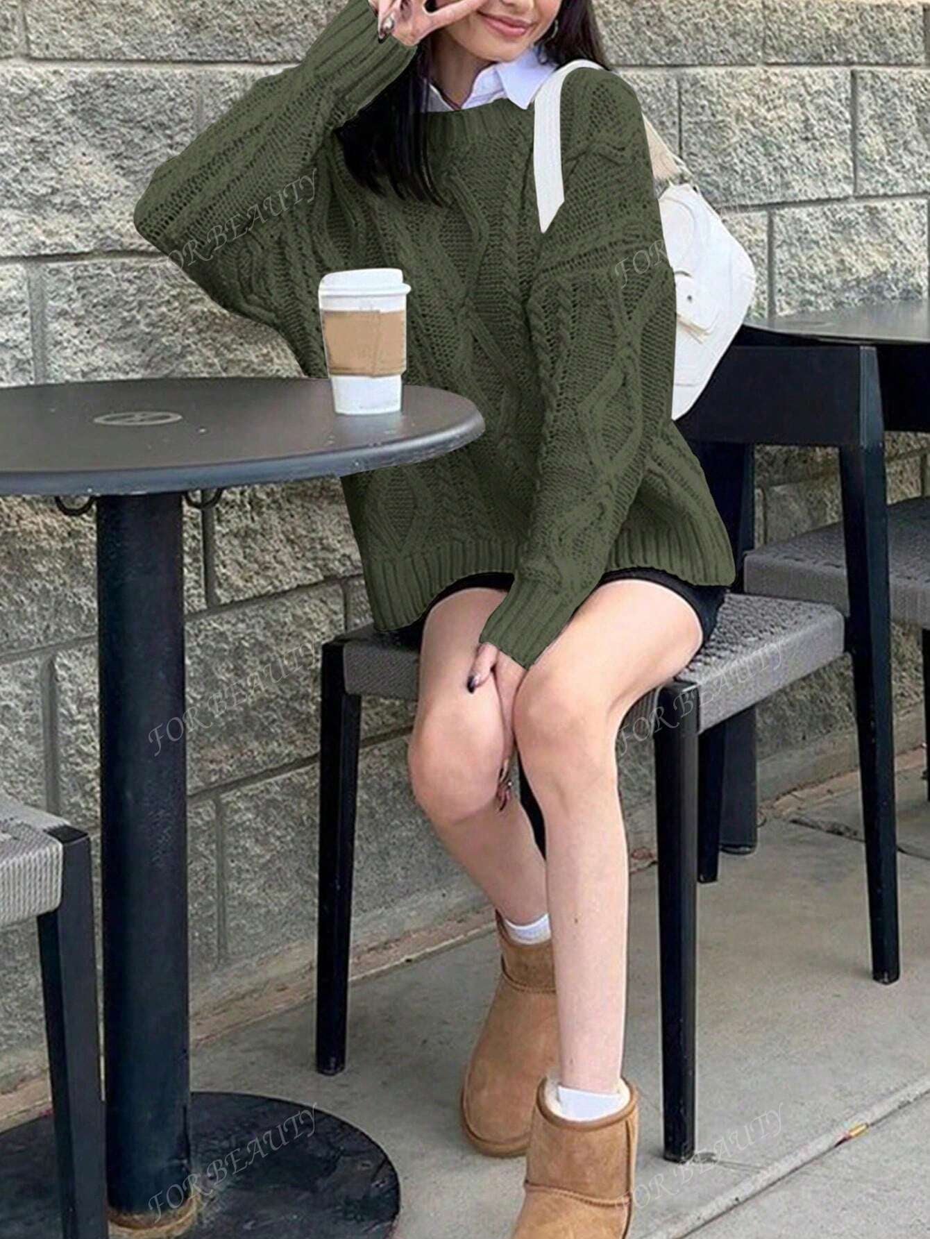 FOR BEAUTY Autumn and Winter New round Neck Twisted Flower Long Sleeve Knitted Sweater Tops Women Loose Moss Green Simple Fashion Commuting Style Women'S Sweater Moss Green Long Sleeve Casual Lazy Style Warm Top