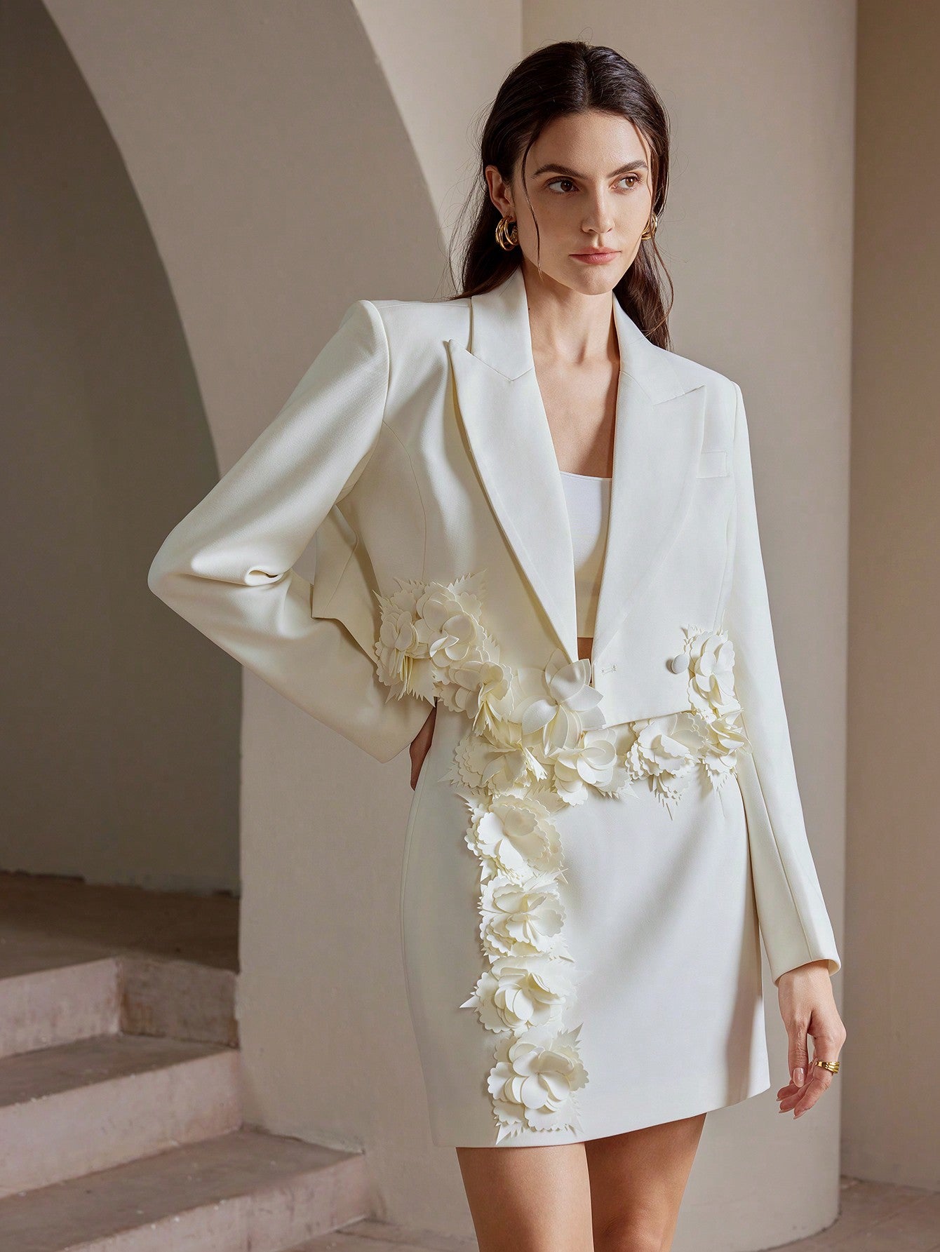 Anewsta Urban Elegant Suit Set with 3D Floral Mini Skirt & Jacket, Long Sleeve Elevated White Short Dress