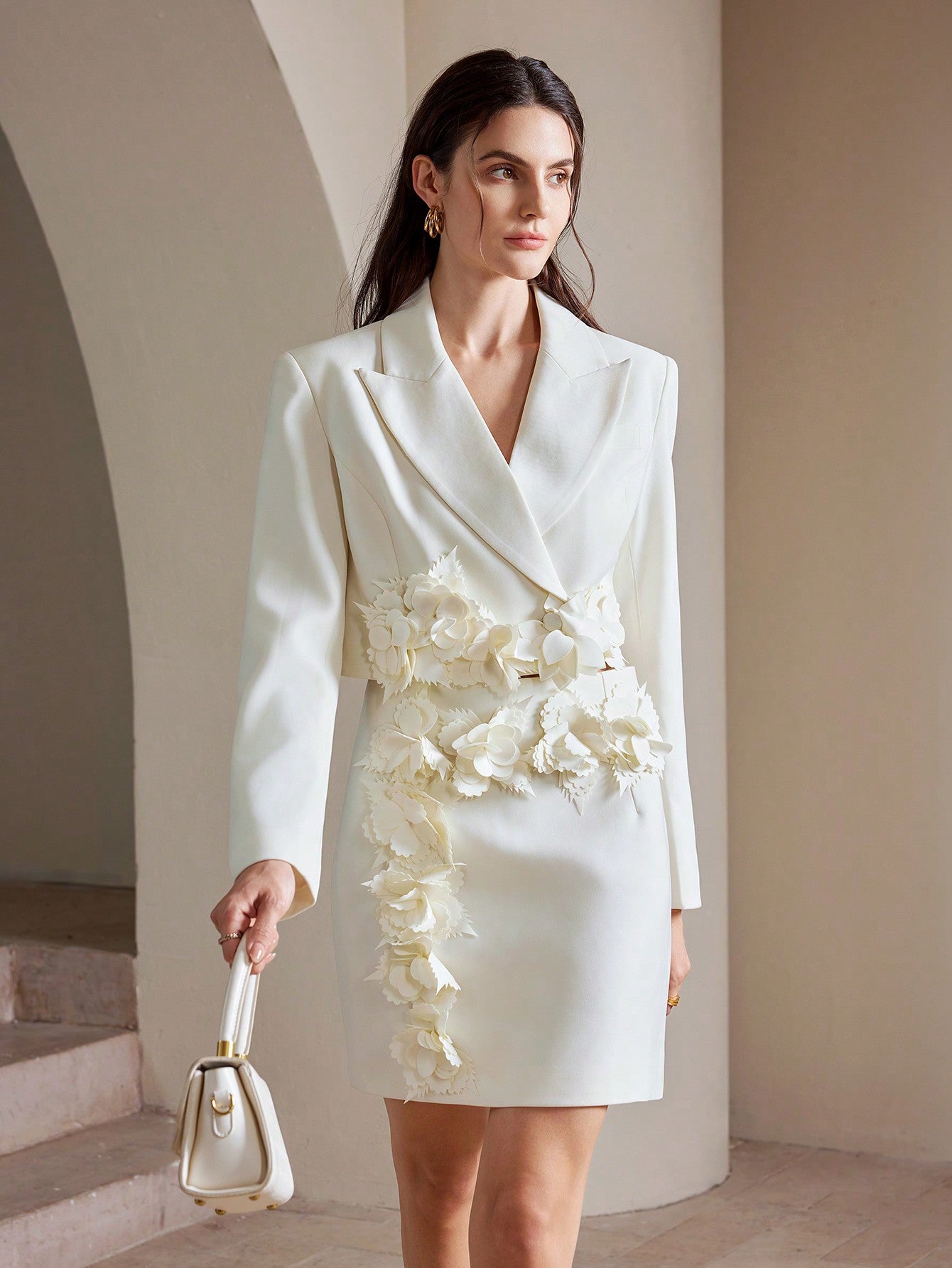 Anewsta Urban Elegant Suit Set with 3D Floral Mini Skirt & Jacket, Long Sleeve Elevated White Short Dress