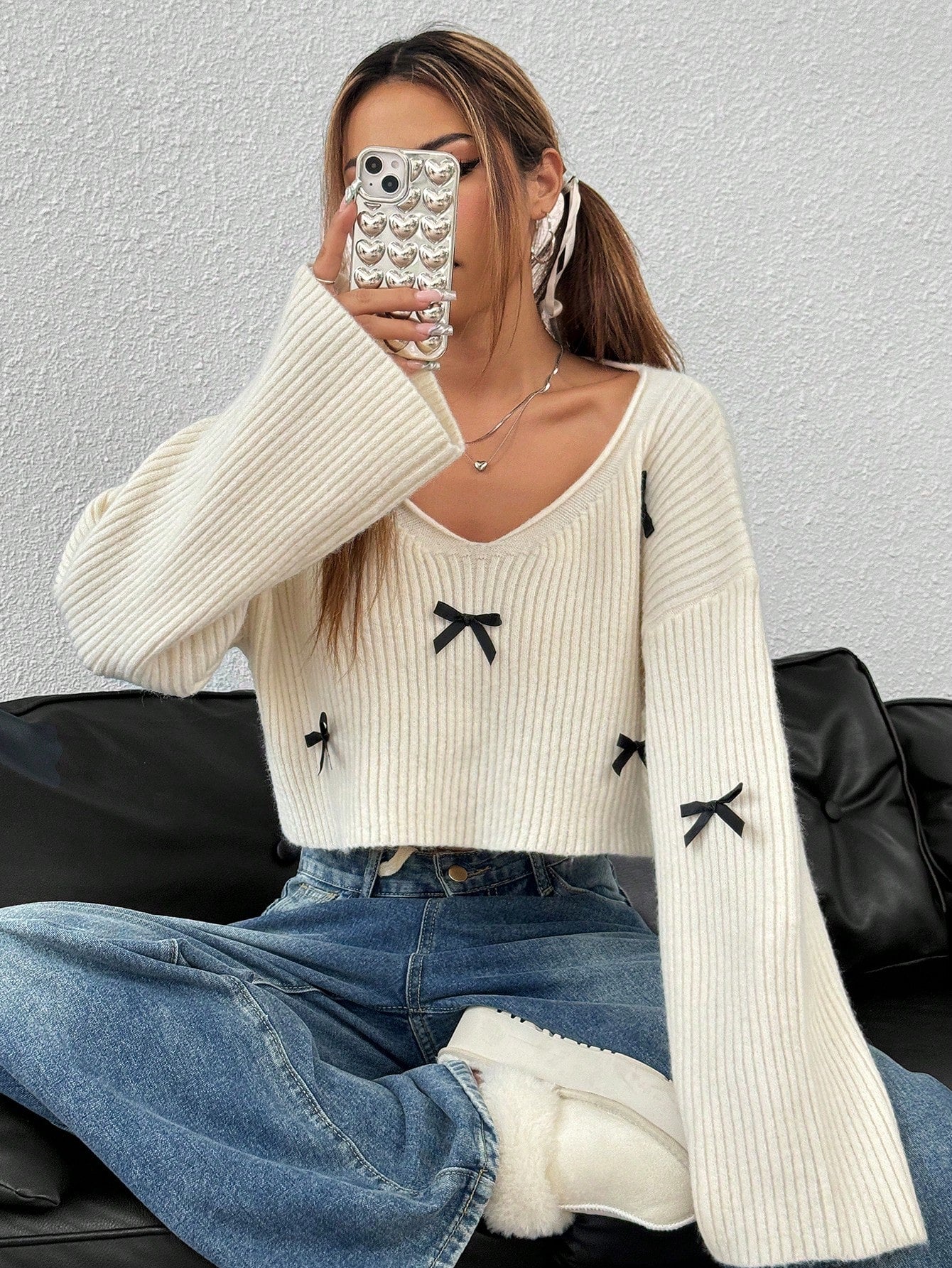 Flirla V-Neck Loose Casual 3D Bow Sweater,Three Quarter Sleeve Tops Knit Pullover Fall Winter Outfit