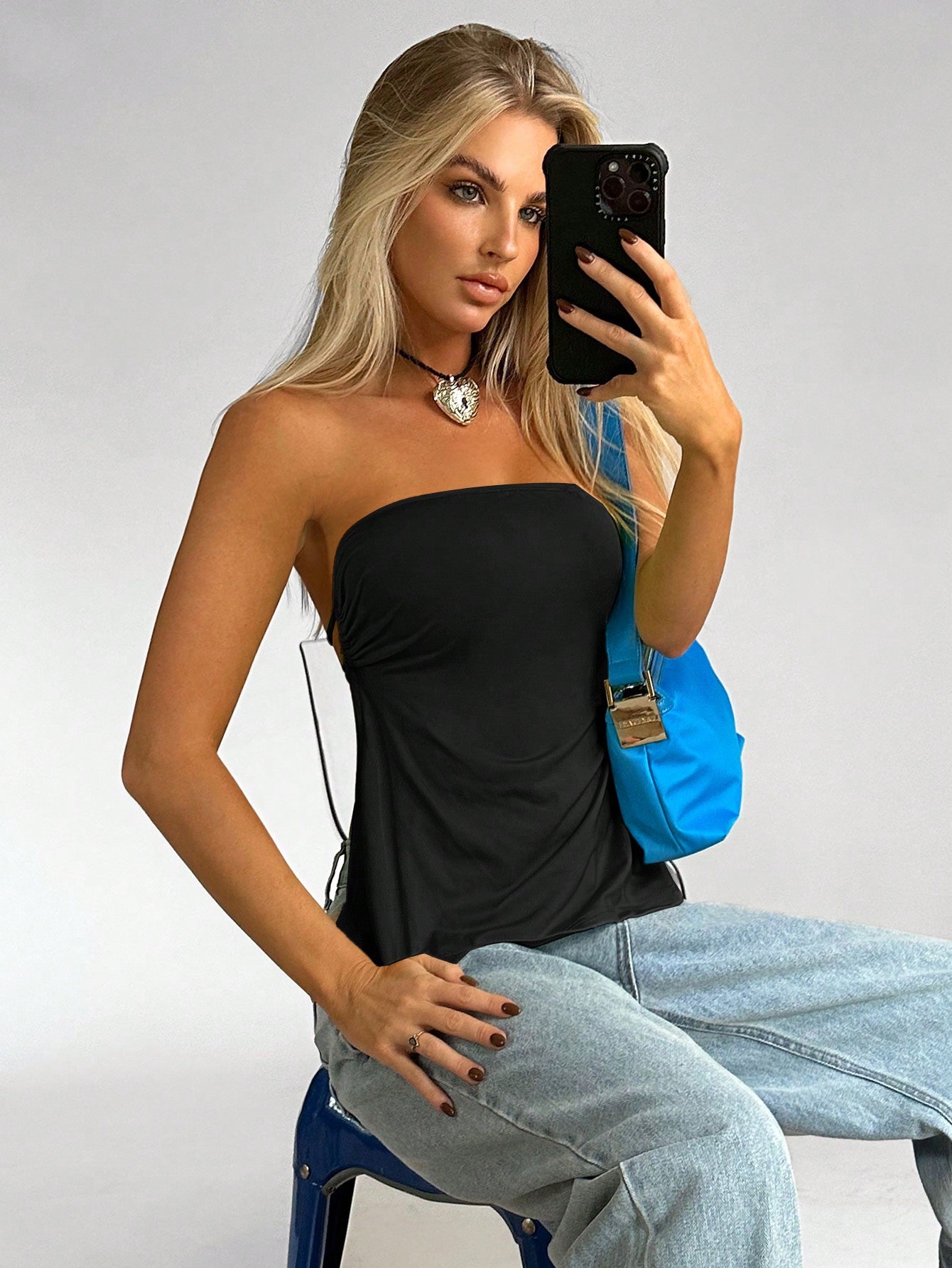 Ezwear Summer Black Y2K Solid Backless Tube Top