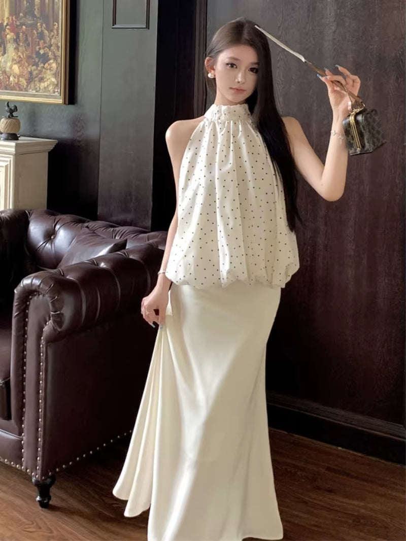 Elegant Satin 2 Piece Skirt Set Women Summer Sleeveless Y2K Crop Tops + Mini Skirt Female Even Party Black Dress Korean Vintage