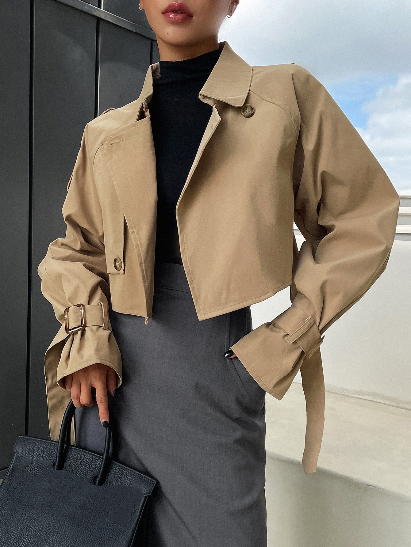 DAZY Buckle Raglan Sleeve Epaulettes Design Crop Trench Coat,Fall Clothes Women Jacket