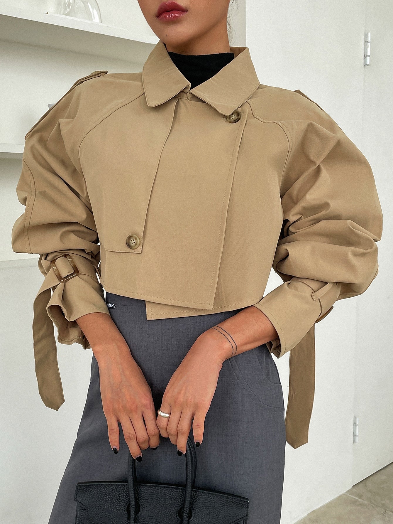 DAZY Buckle Raglan Sleeve Epaulettes Design Crop Trench Coat,Fall Clothes Women Jacket