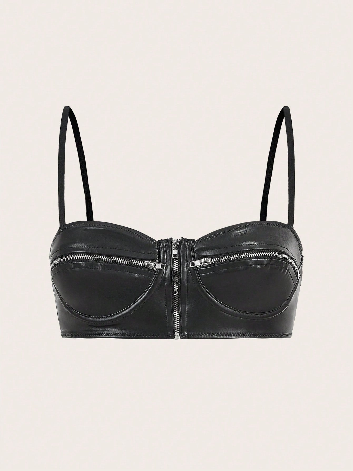 SHEIN ICON Going Out Tops Faux Leather Black Crop Top with Multiple Zippers