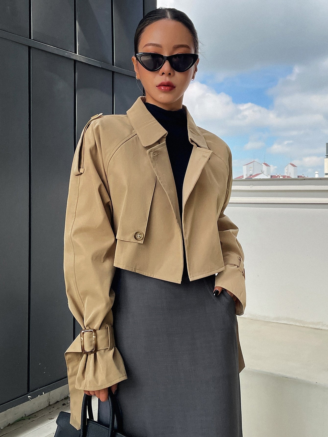 DAZY Buckle Raglan Sleeve Epaulettes Design Crop Trench Coat,Fall Clothes Women Jacket
