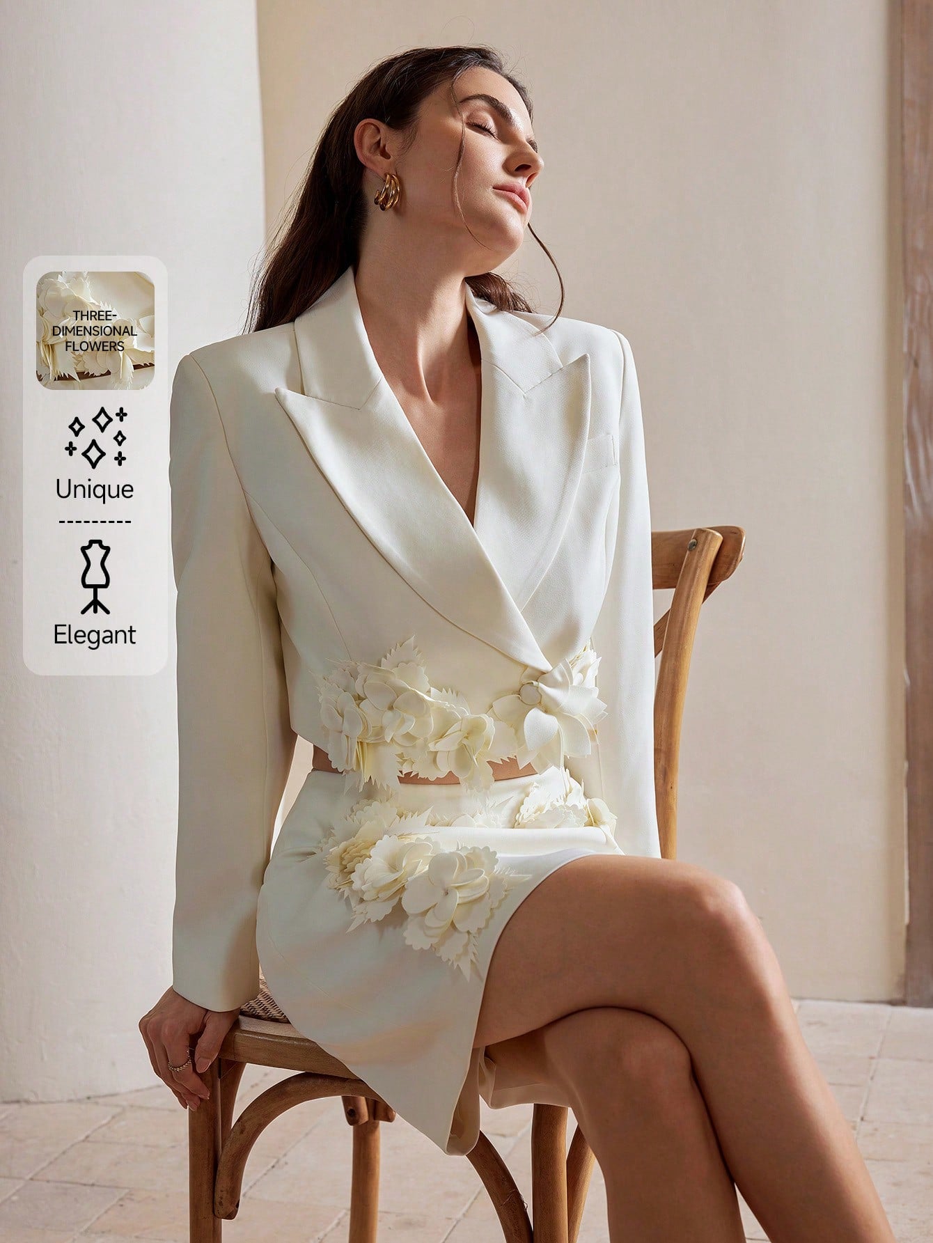 Anewsta Urban Elegant Suit Set with 3D Floral Mini Skirt & Jacket, Long Sleeve Elevated White Short Dress