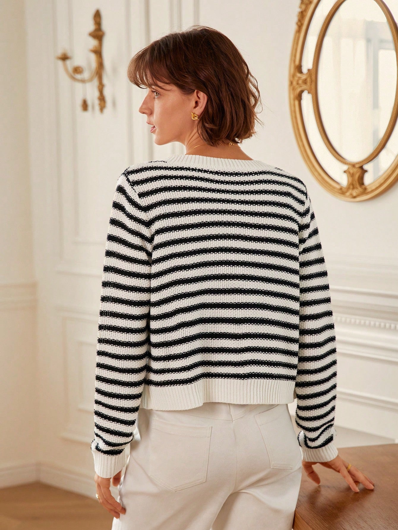 PoéSelle Striped Pattern Scallop Trim Button Front Cardigan,Long Sleeve Tops,Knitted Sweater in Fall/Winter
