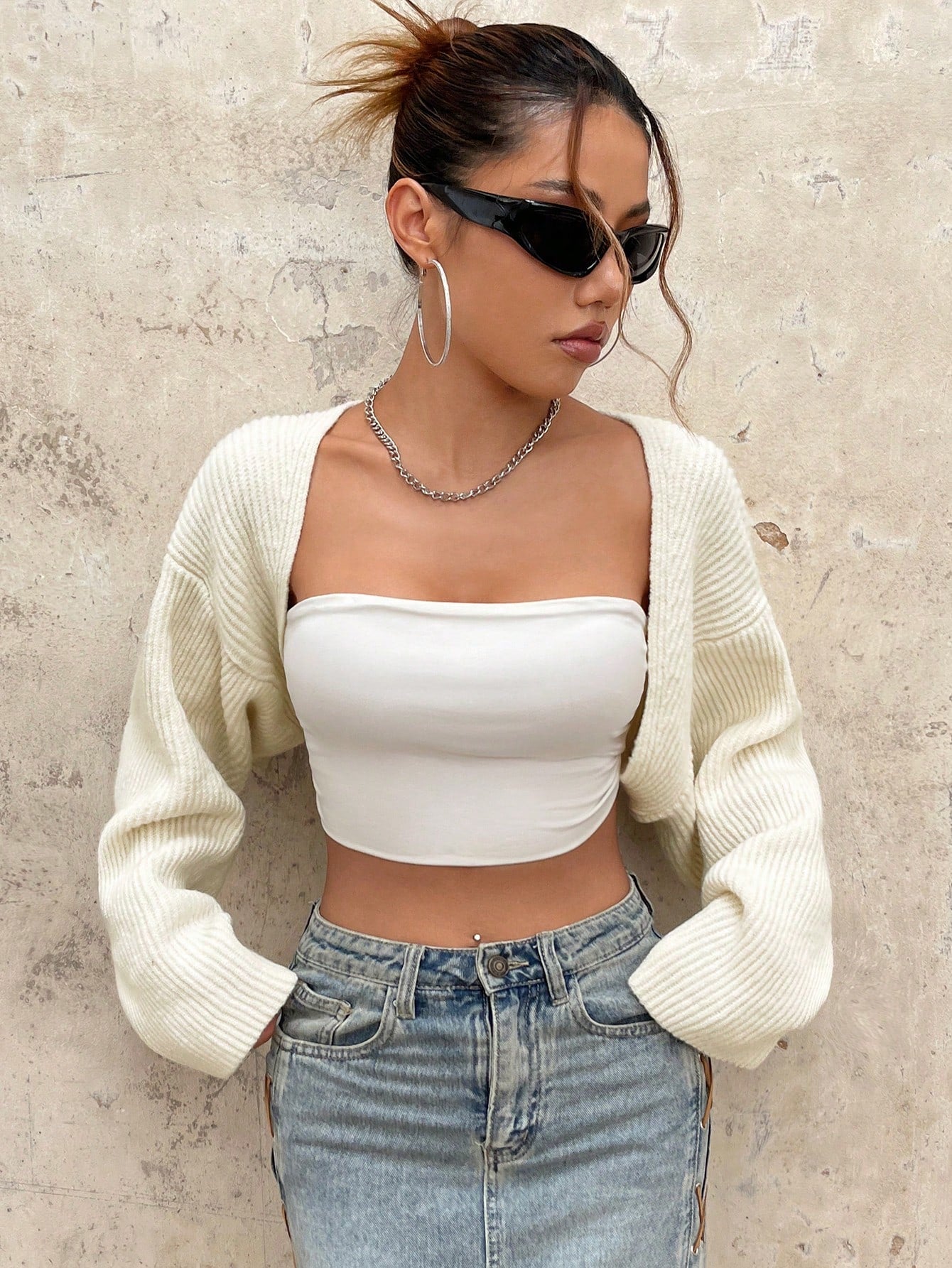 ICON Y2K Grunge Drop Shoulder Open Front Crop Cardigan without Tube Top in Fall/Winter