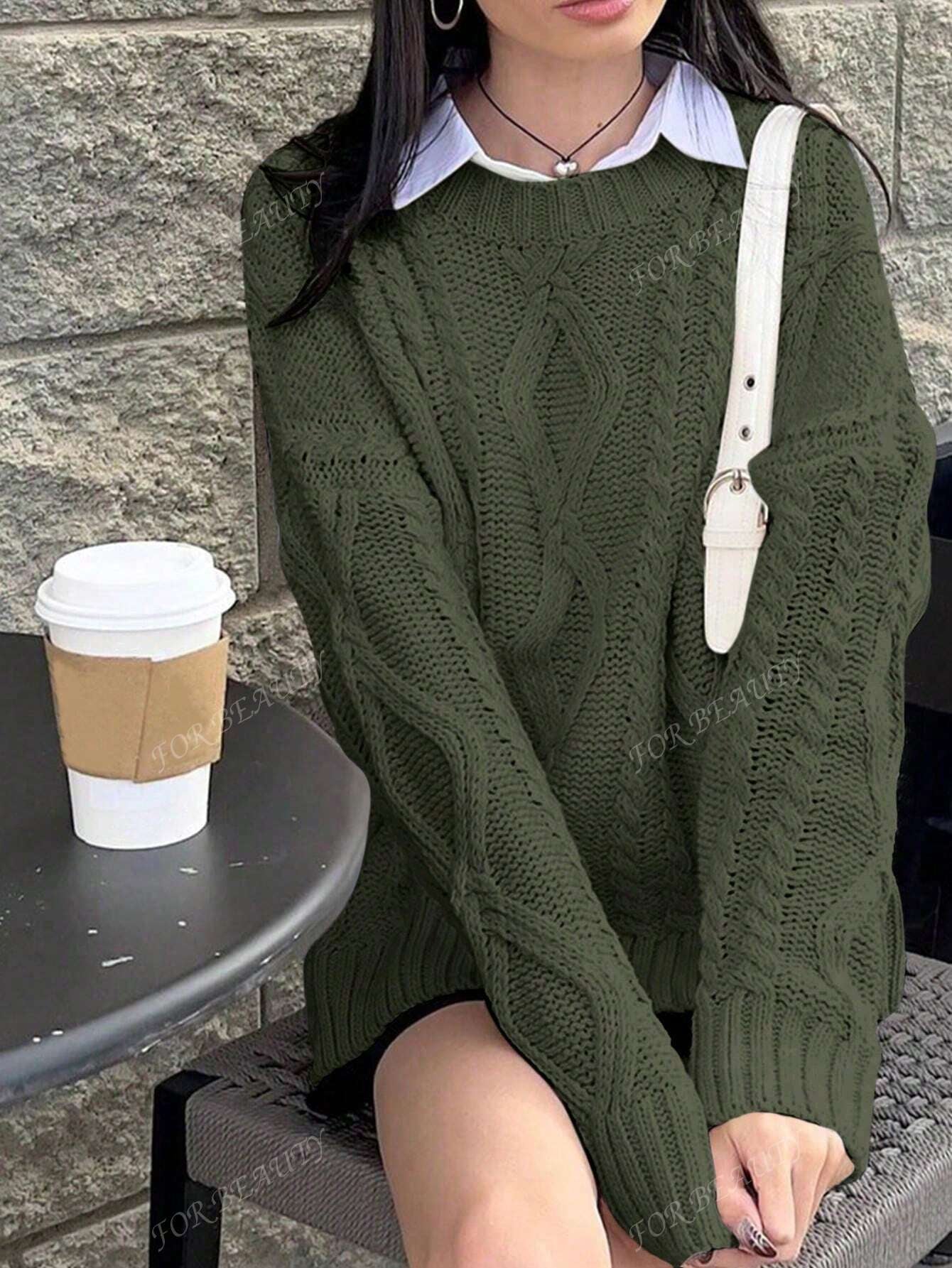 FOR BEAUTY Autumn and Winter New round Neck Twisted Flower Long Sleeve Knitted Sweater Tops Women Loose Moss Green Simple Fashion Commuting Style Women'S Sweater Moss Green Long Sleeve Casual Lazy Style Warm Top