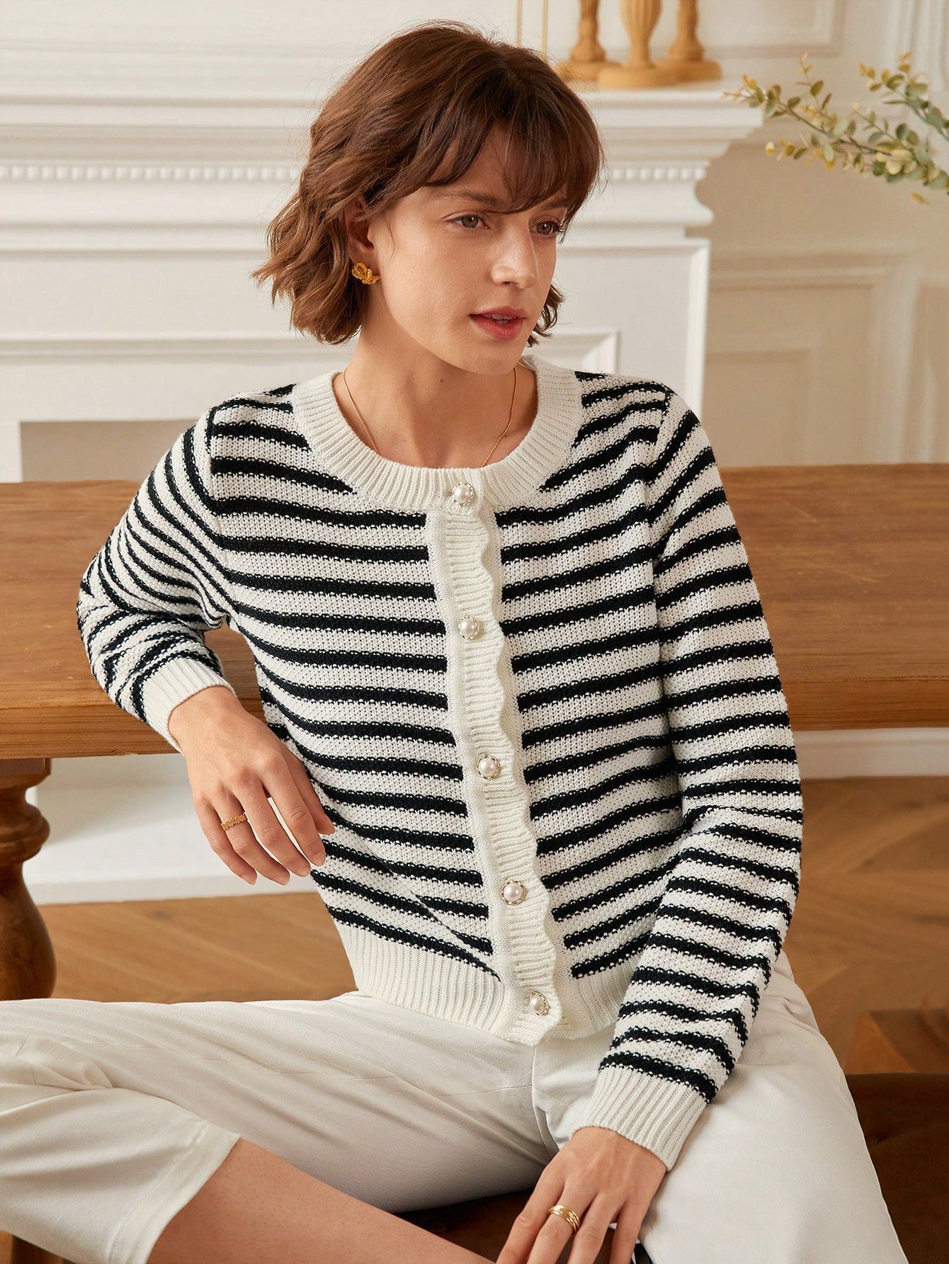 PoéSelle Striped Pattern Scallop Trim Button Front Cardigan,Long Sleeve Tops,Knitted Sweater in Fall/Winter