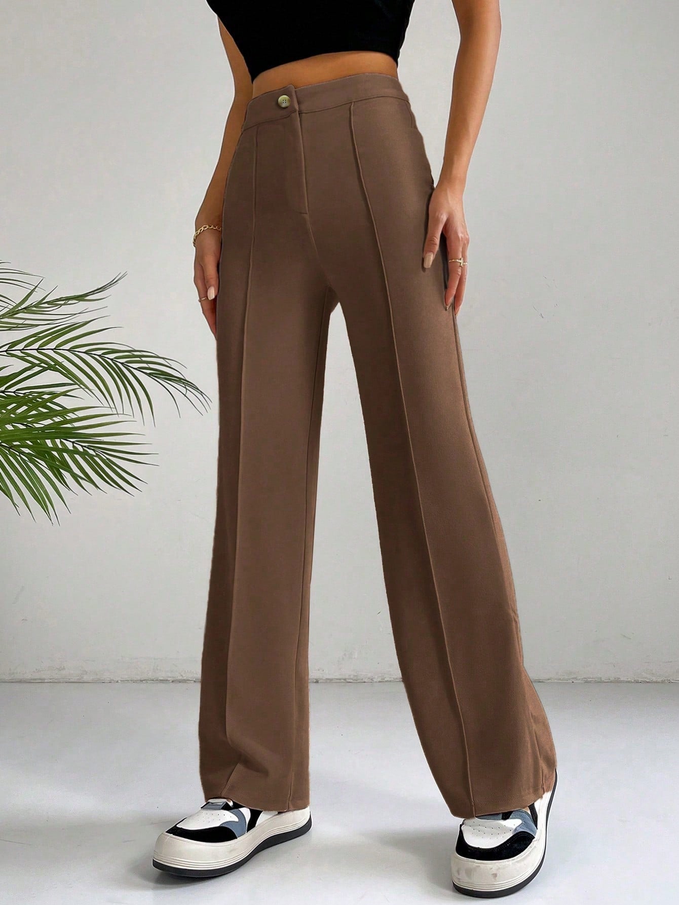 Ezwear Spring Brown Y2K High Waist Seam Detail Straight Leg Pants Flare Leggings