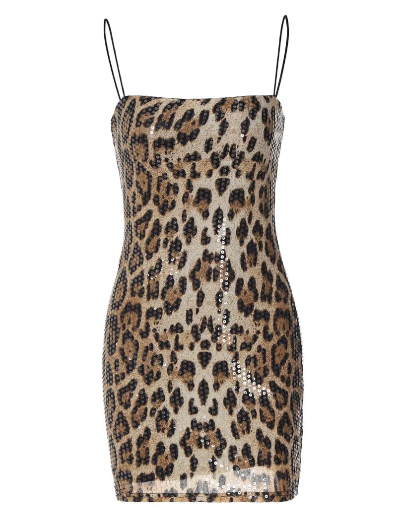 Leopard Print Sequins Slip Sleeveless Sexy Slim Maxi Prom Dress Summer Fall Women Fashion Clothes Party Festival Club
