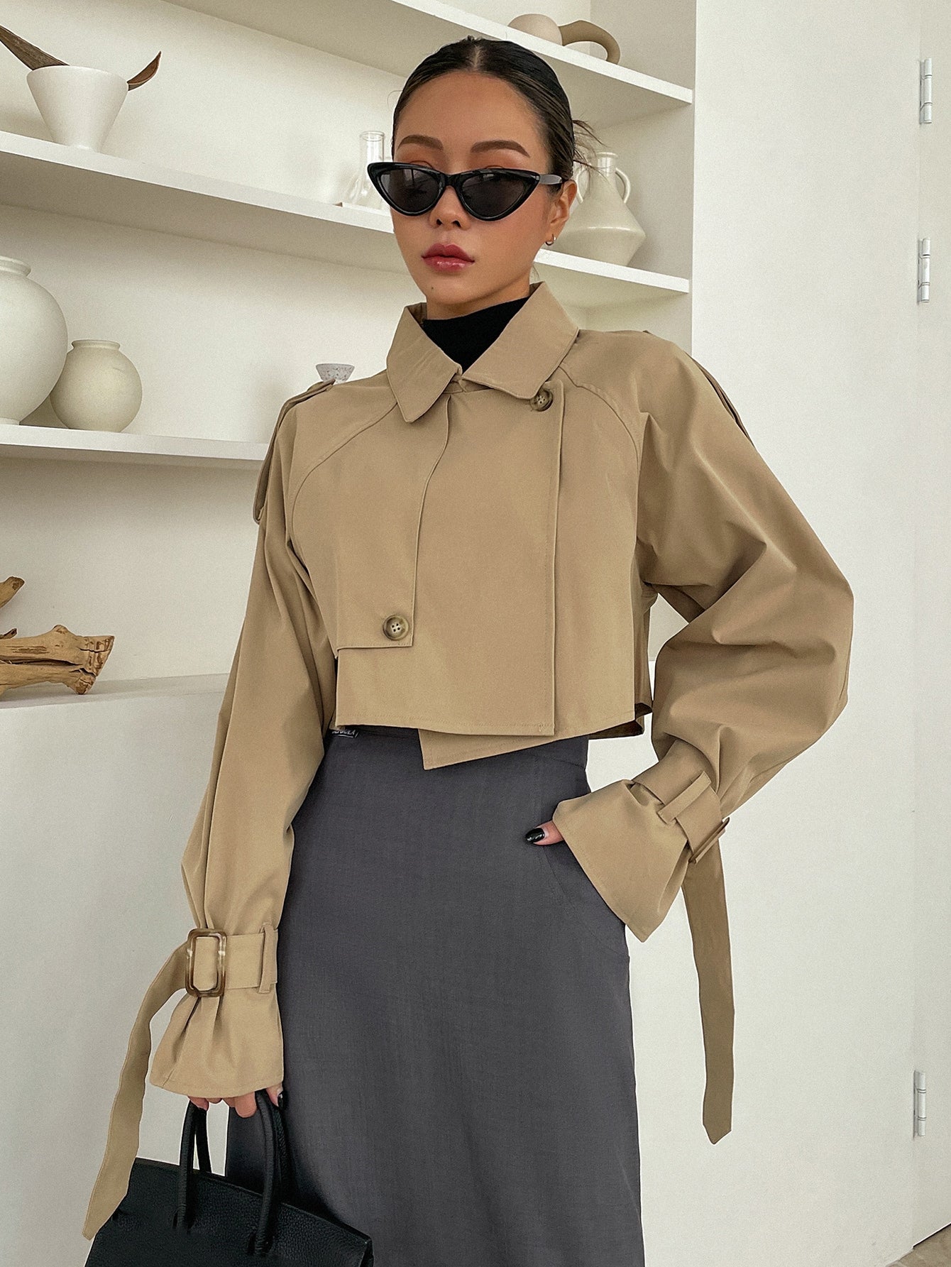 DAZY Buckle Raglan Sleeve Epaulettes Design Crop Trench Coat,Fall Clothes Women Jacket