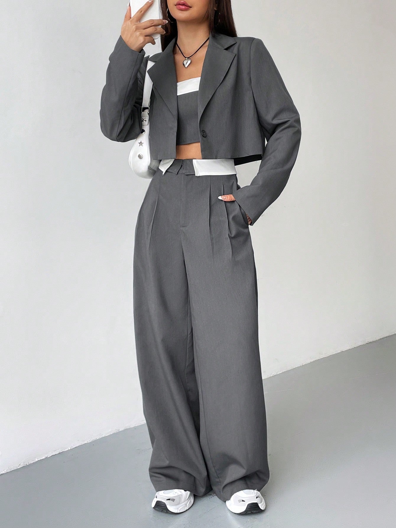 Ezwear Lapel Neck Crop Blazer & Wide Leg Suit Pants & Tube Top in Fall/Winter