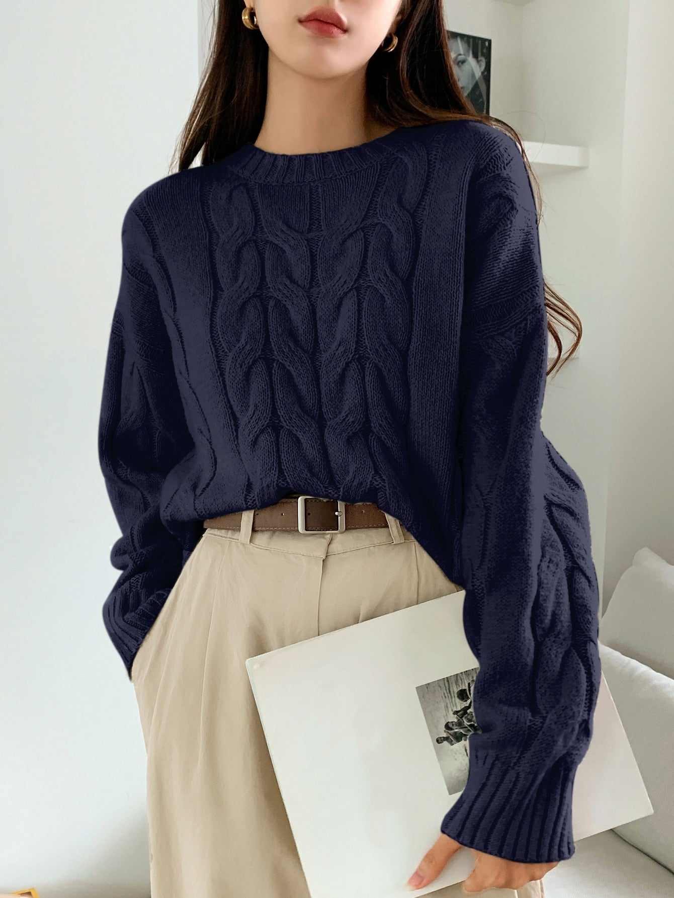 DAZY Solid Cable Knit Drop Shoulder Sweater,Long Sleeve Tops,Fall Clothes
