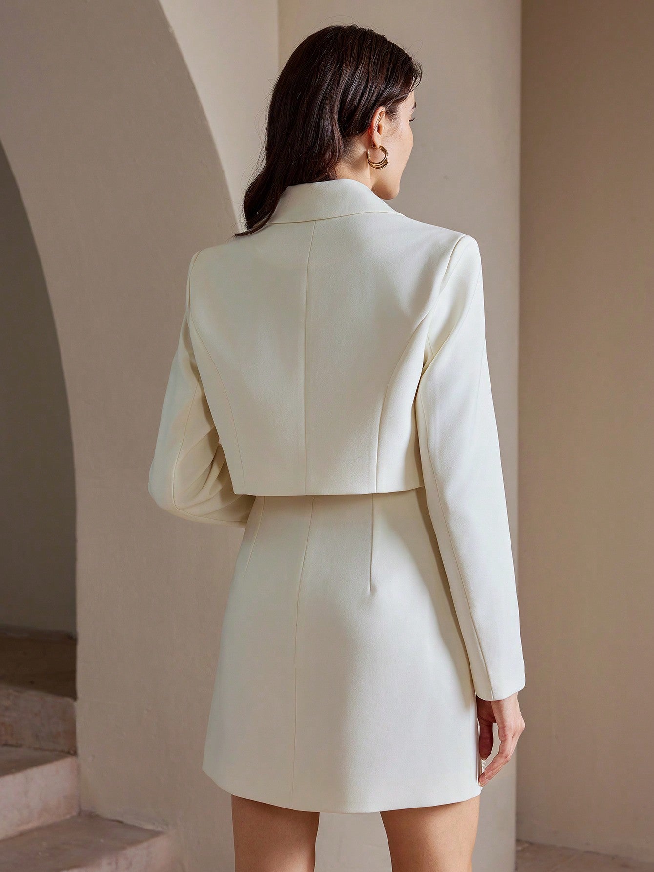 Anewsta Urban Elegant Suit Set with 3D Floral Mini Skirt & Jacket, Long Sleeve Elevated White Short Dress