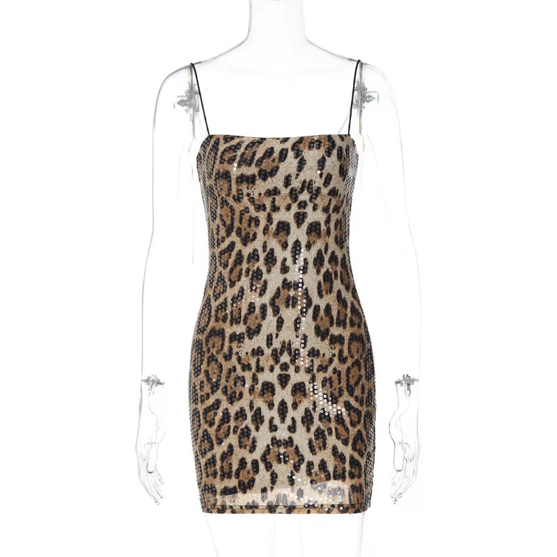 Leopard Print Sequins Slip Sleeveless Sexy Slim Maxi Prom Dress Summer Fall Women Fashion Clothes Party Festival Club