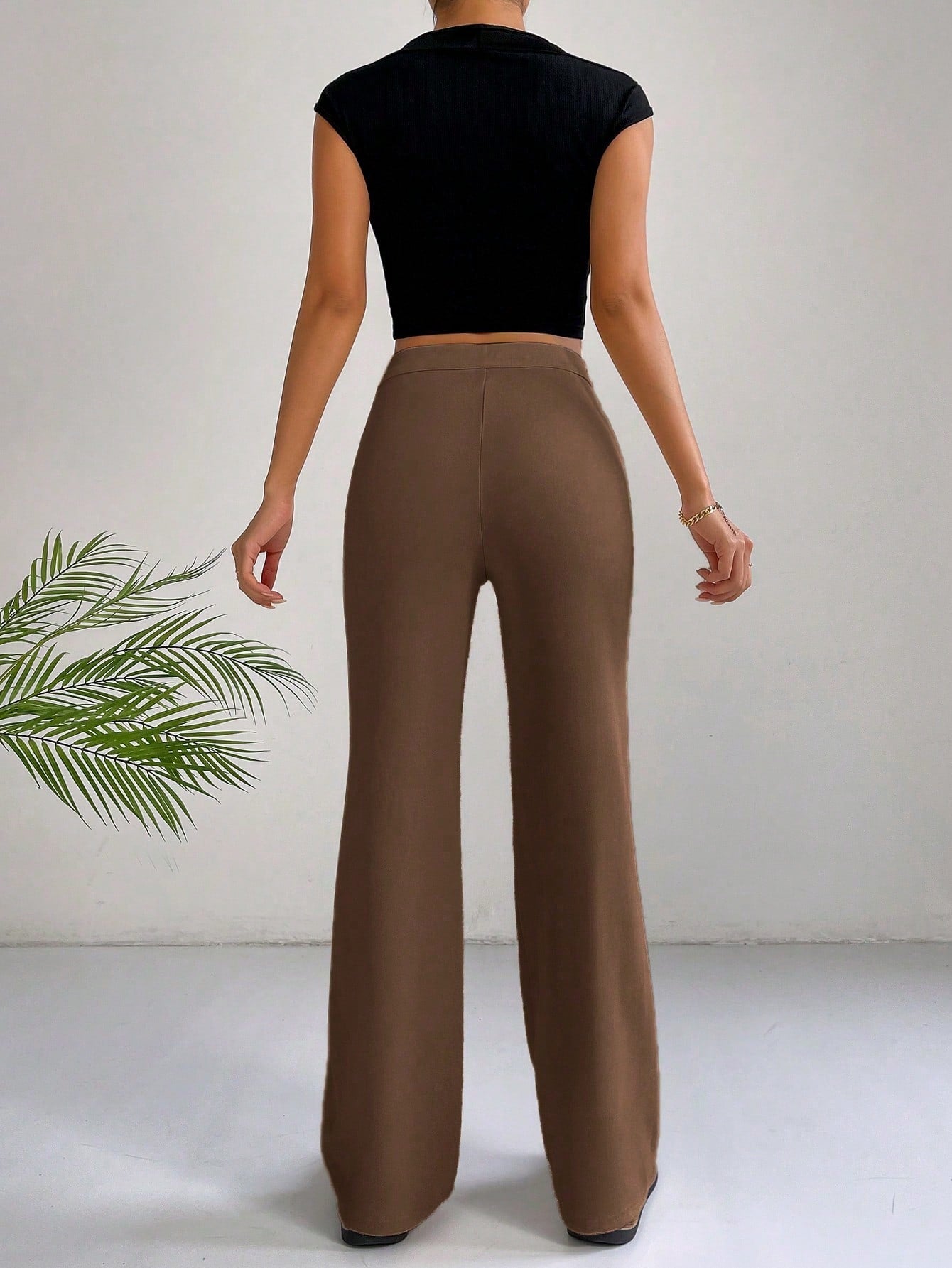 Ezwear Spring Brown Y2K High Waist Seam Detail Straight Leg Pants Flare Leggings