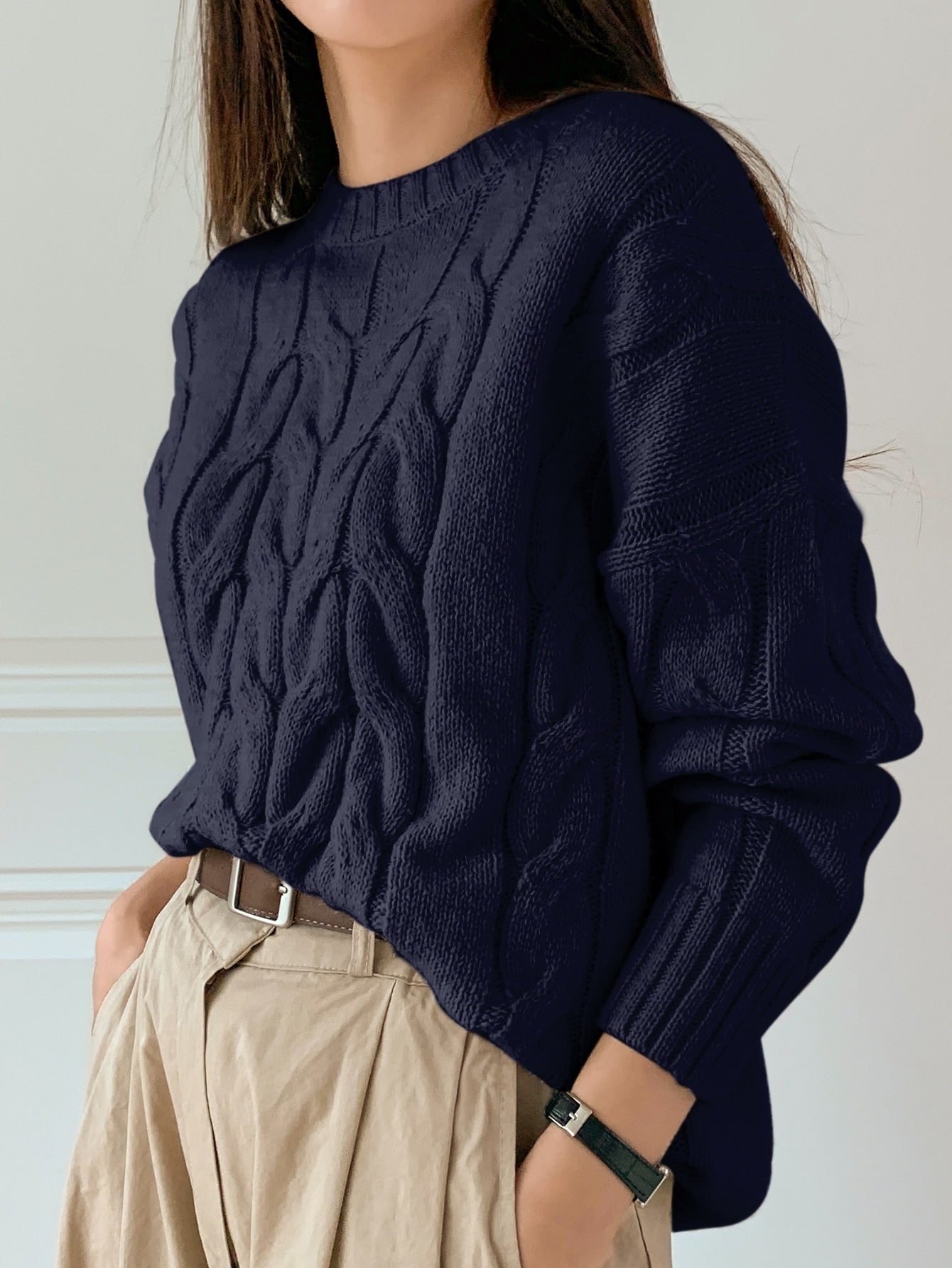 DAZY Solid Cable Knit Drop Shoulder Sweater,Long Sleeve Tops,Fall Clothes