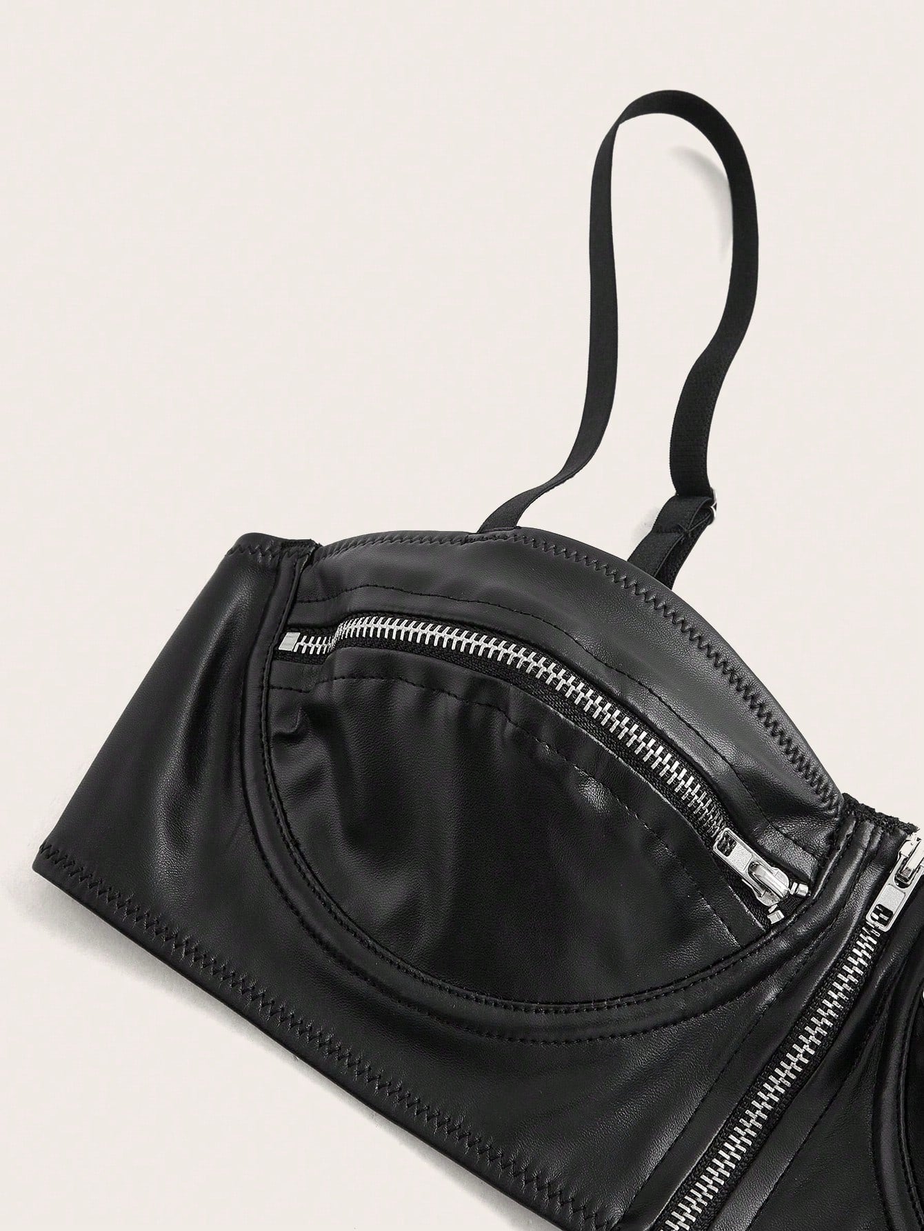 SHEIN ICON Going Out Tops Faux Leather Black Crop Top with Multiple Zippers
