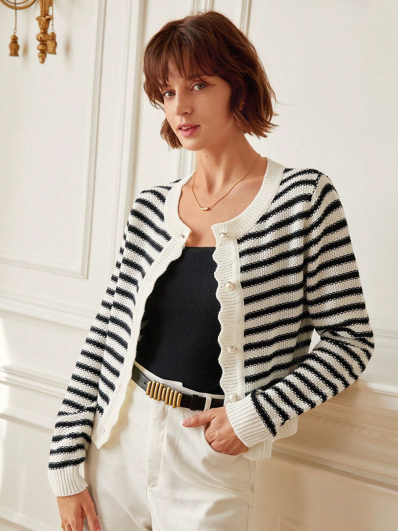 PoéSelle Striped Pattern Scallop Trim Button Front Cardigan,Long Sleeve Tops,Knitted Sweater in Fall/Winter
