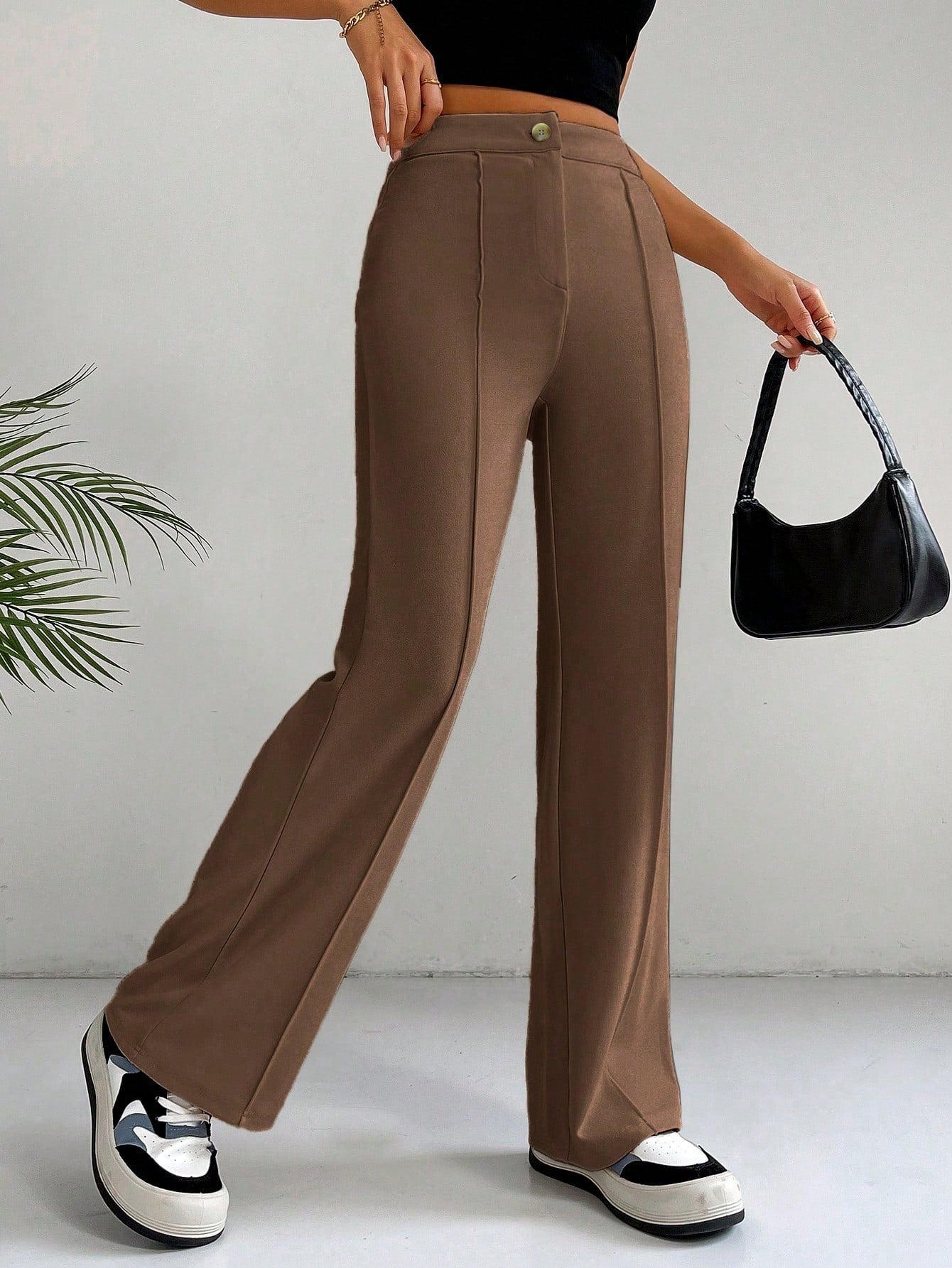 Ezwear Spring Brown Y2K High Waist Seam Detail Straight Leg Pants Flare Leggings