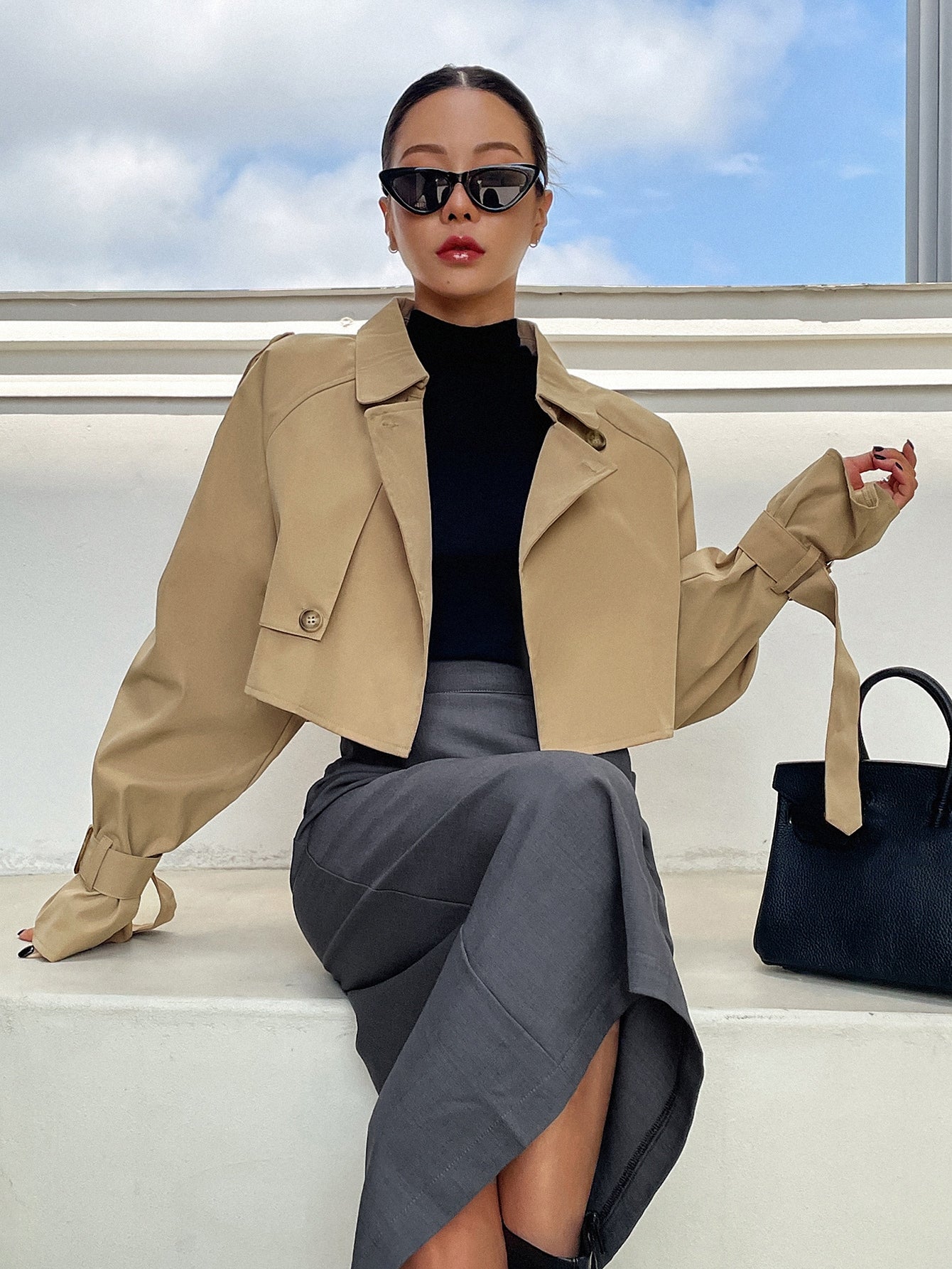DAZY Buckle Raglan Sleeve Epaulettes Design Crop Trench Coat,Fall Clothes Women Jacket