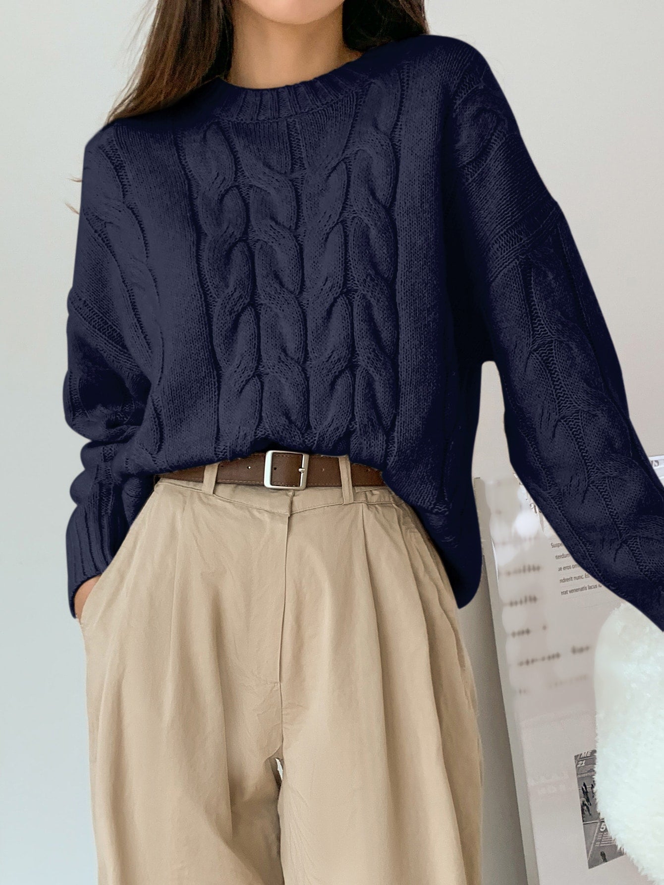 DAZY Solid Cable Knit Drop Shoulder Sweater,Long Sleeve Tops,Fall Clothes