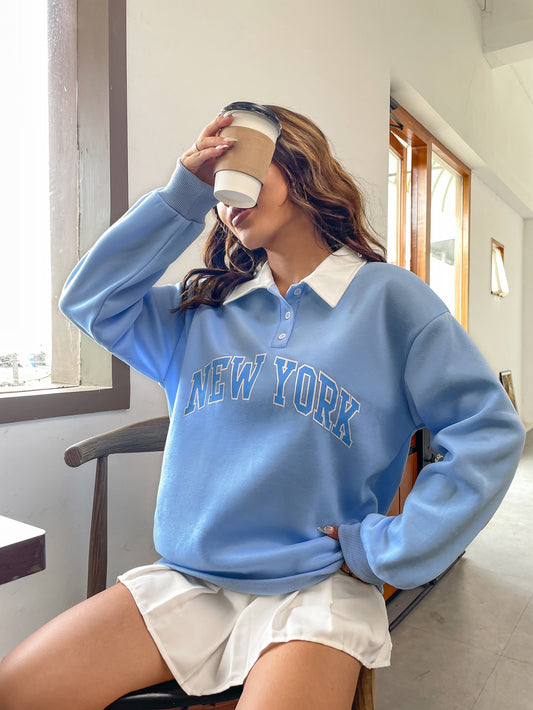 MOOSTA Polo Collar Drop Shoulder Letter Graphic Pullover,Long Sleeve Tops Graduation,Back to School Outfits,Graduation,Teacher Outfits for Women,Back to School Fall Outfit