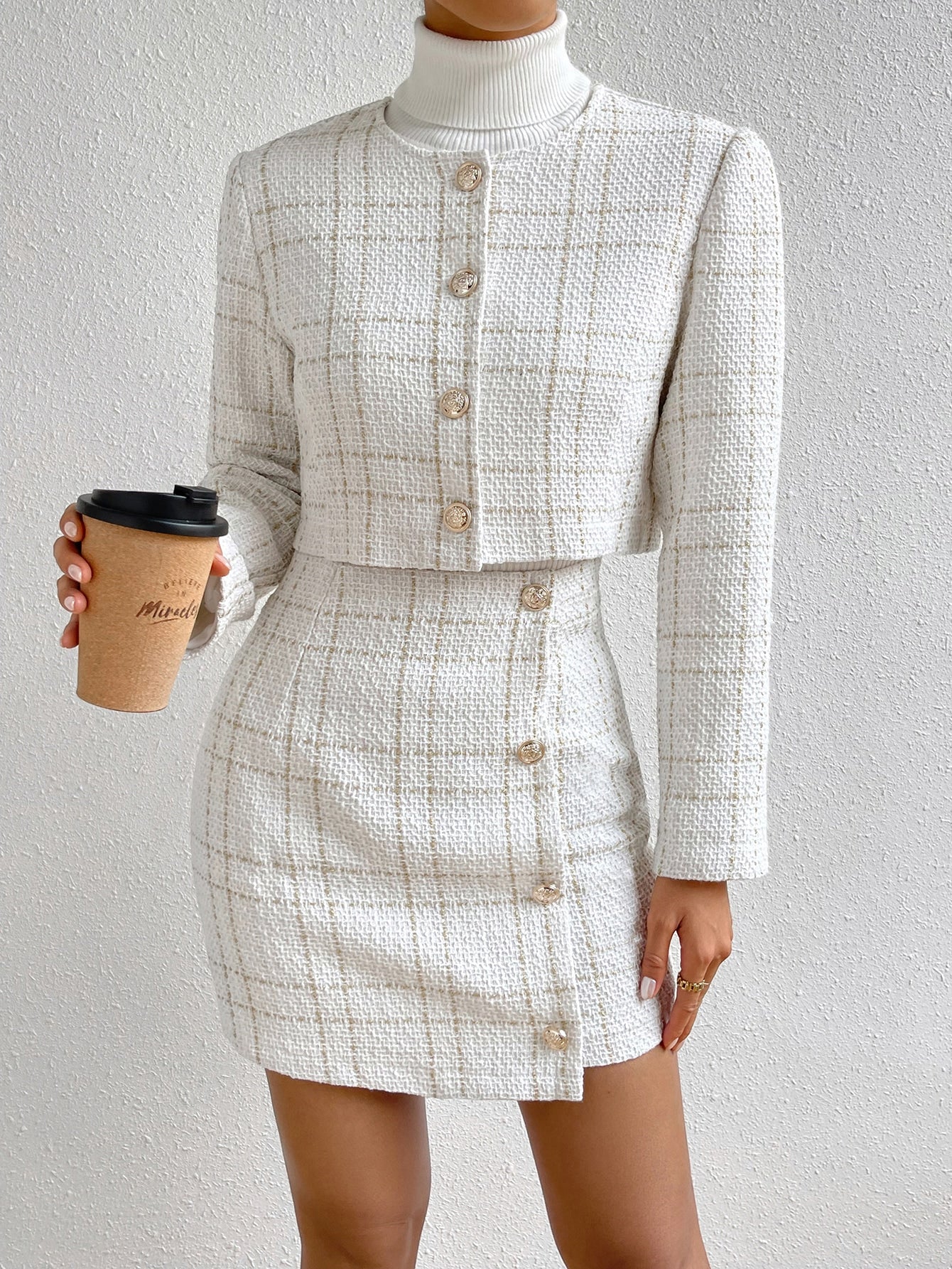 Rosydaze Plaid Print Crop Jacket & Button Front Skirt,Ladies Elegant Button Regular Fit White Regular Sleeve Jackets Skirt Women Two-Piece Outfits,Spring/Fall,Professional/Business Attire/Workwear